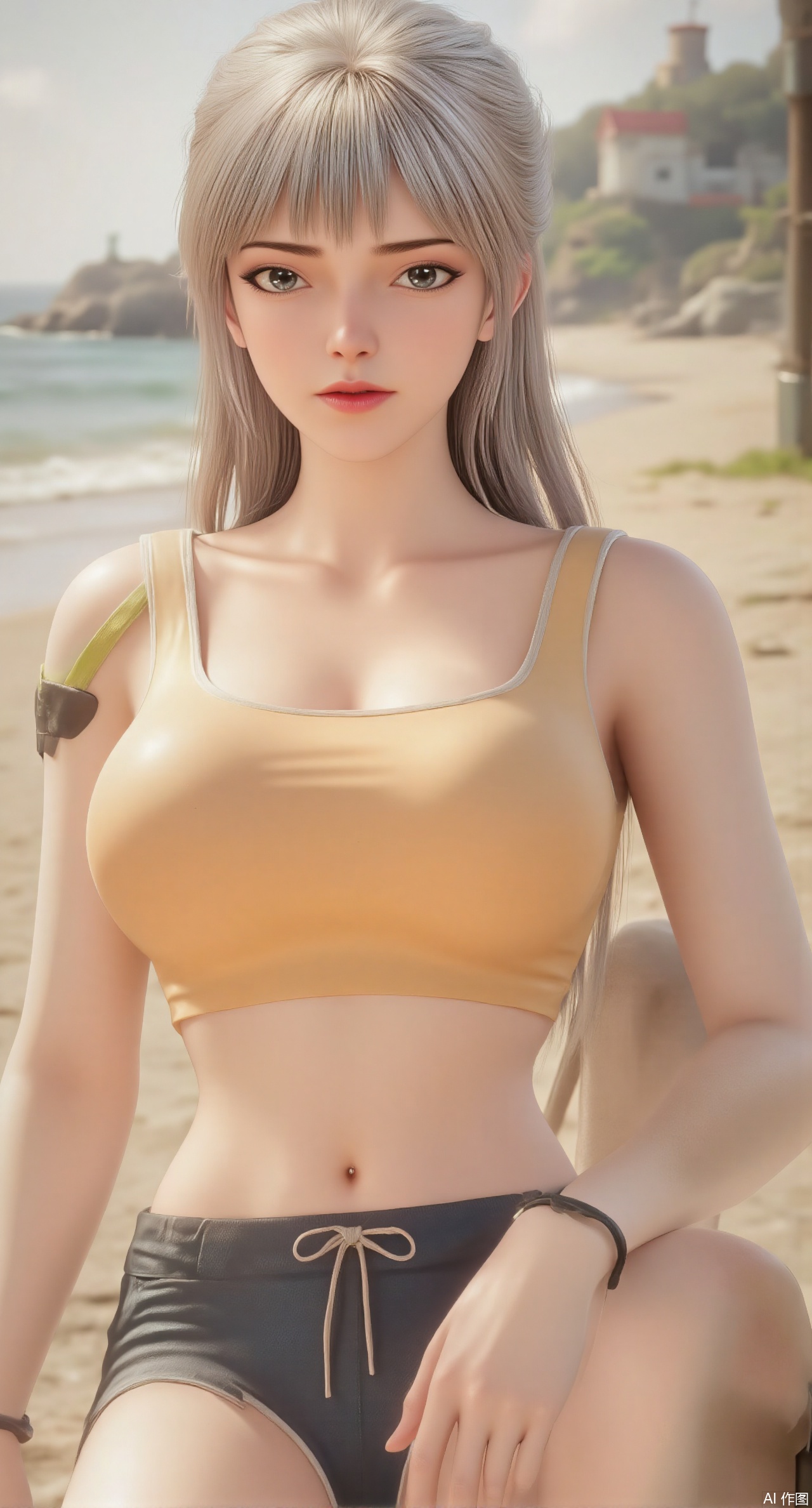 (masterpiece:1.2),best quality,extremely detailed wallpaper,perfect lighting1girl,solo,standing,looking at viewer,(cowboy_shot:1.3),,long hair,blurry background,depth of field,in summer,day,outdoors,nature,sea,(beach:1.4),(huge breasts:2.99),(full breasts:2.99),XcaiyunK,XlimuwanJCB,Xjiningshuang,XjiningshuangX2,XzixinK,XliushenWDDk,XtingerY,XbaiyuekuiXY,XqingyiXYK,COLORFUL CHAOS CRACKS AND DROPS,RAINBOW GLOW.