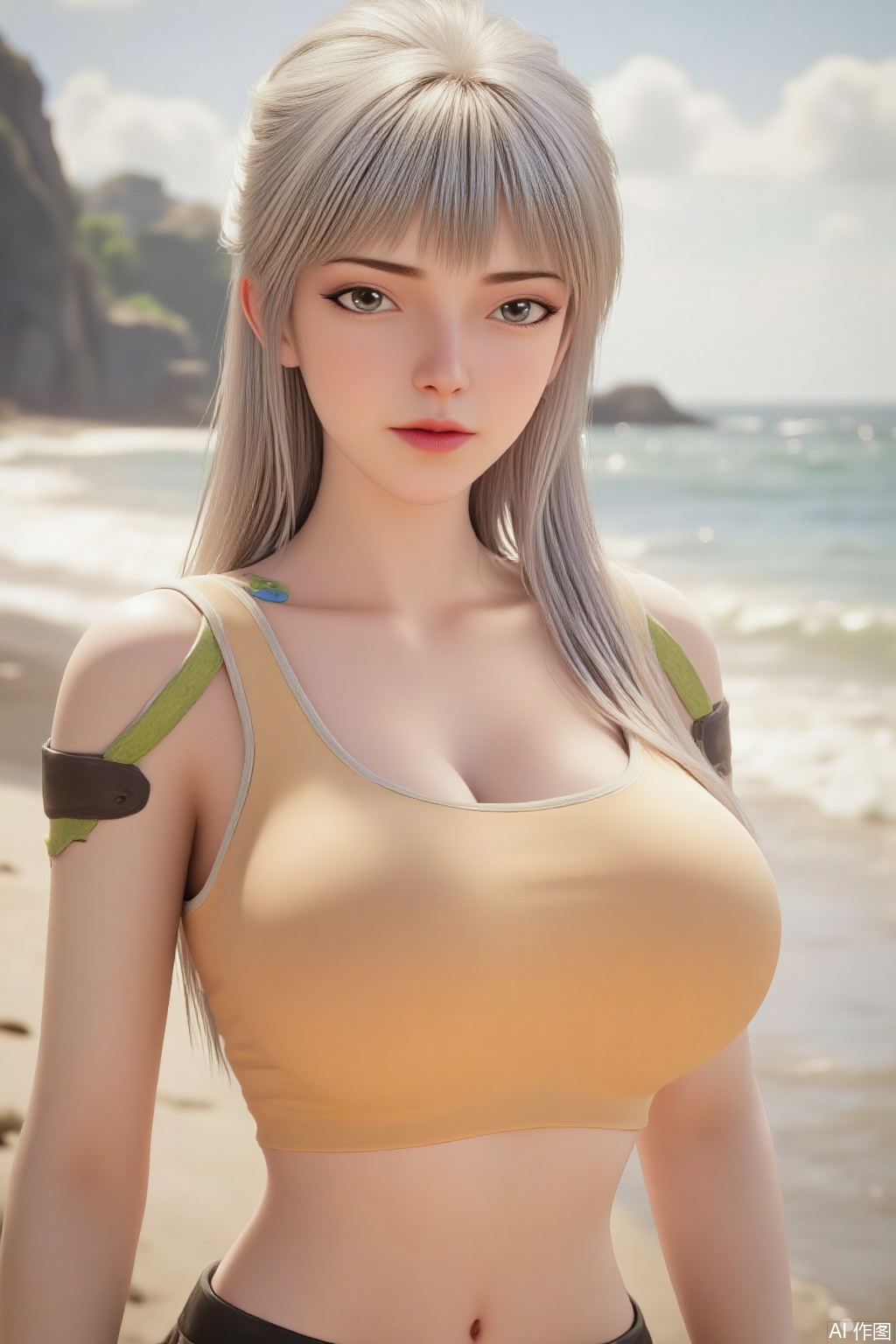 (masterpiece:1.2),best quality,extremely detailed wallpaper,perfect lighting1girl,solo,standing,looking at viewer,(cowboy_shot:1.3),,long hair,blurry background,depth of field,in summer,day,outdoors,nature,sea,(beach:1.4),(huge breasts:2.99),(full breasts:2.99),XcaiyunK,XlimuwanJCB,Xjiningshuang,XjiningshuangX2,XzixinK,XliushenWDDk,XtingerY,XbaiyuekuiXY,XqingyiXYK,COLORFUL CHAOS CRACKS AND DROPS,RAINBOW GLOW.