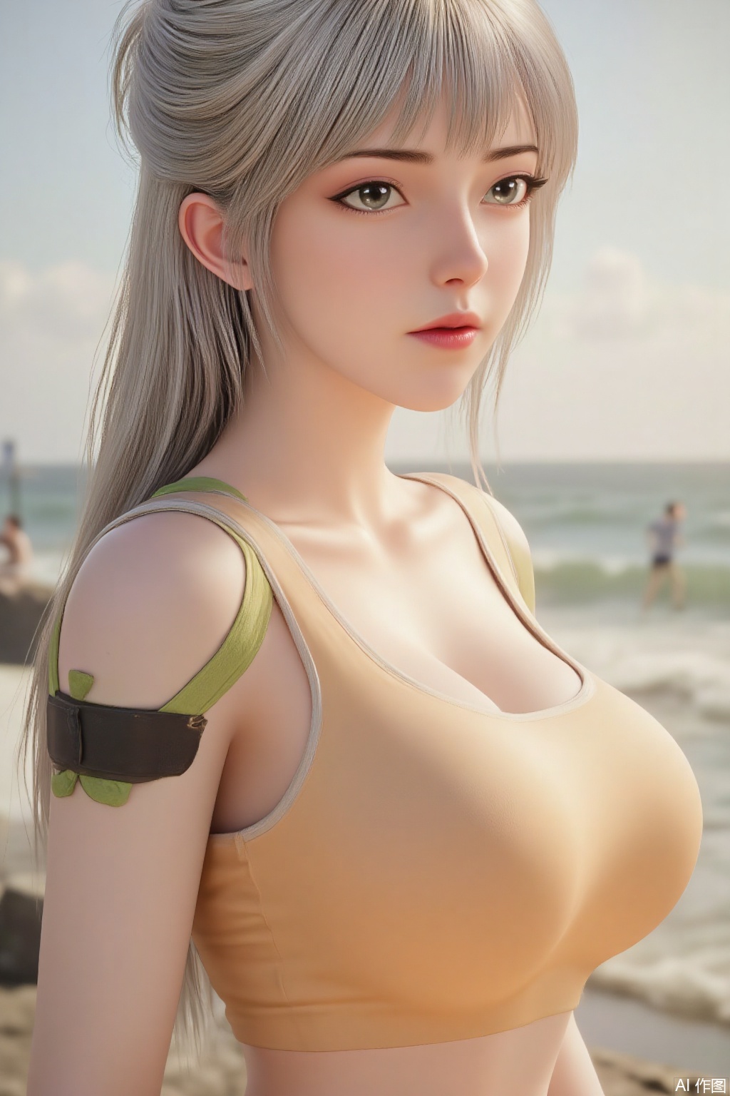 (masterpiece:1.2),best quality,extremely detailed wallpaper,perfect lighting1girl,solo,standing,looking at viewer,(cowboy_shot:1.3),,long hair,blurry background,depth of field,in summer,day,outdoors,nature,sea,(beach:1.4),(huge breasts:2.99),(full breasts:2.99),XcaiyunK,XlimuwanJCB,Xjiningshuang,XjiningshuangX2,XzixinK,XliushenWDDk,XtingerY,XbaiyuekuiXY,XqingyiXYK,COLORFUL CHAOS CRACKS AND DROPS,RAINBOW GLOW.
