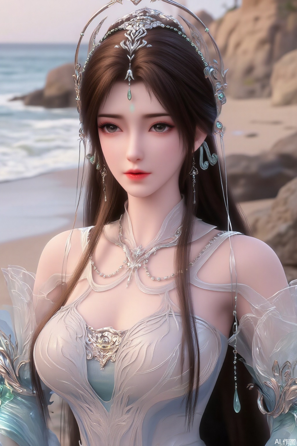 (masterpiece:1.2),best quality,extremely detailed wallpaper,perfect lighting1girl,solo,standing,looking at viewer,(cowboy_shot:1.3),,long hair,blurry background,depth of field,in summer,day,outdoors,nature,sea,(beach:1.4),(huge breasts:2.99),(full breasts:2.99),XcaiyunK,XlimuwanJCB,Xjiningshuang,XjiningshuangX2,XzixinK,XliushenWDDk,XtingerY,XbaiyuekuiXY,XqingyiXYK,COLORFUL CHAOS CRACKS AND DROPS,RAINBOW GLOW.