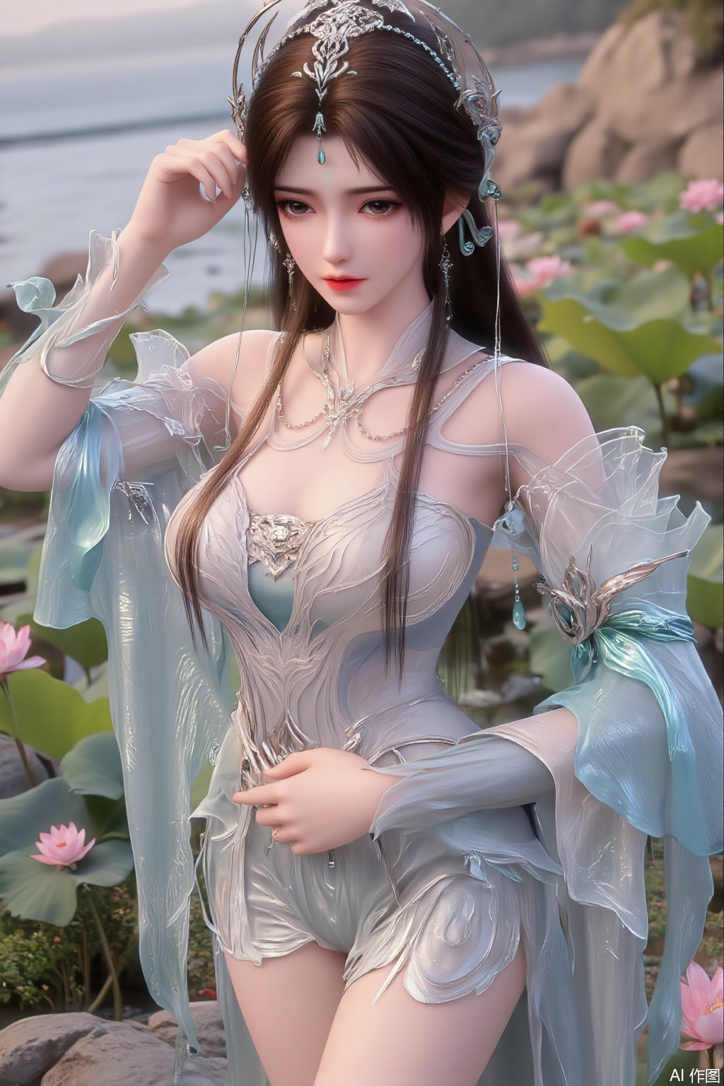 (masterpiece:1.2),best quality,absurdres,masterpiece,original,extremely detailed wallpaper,perfect lighting,(extremely detailed CG:1.2),1girl,solo,standing,looking at viewer,(cowboy_shot:1.3),black hair,long hair,high heels,blurry background,depth of field,motion blur,short dress,china_dress,chinese_style,bare shouders,crystal_earrings,headpiece,hair_tie,chest_jewel,gem,necklace,jewelry,in summer,day,outdoors,nature,sea,(beach:1.4),(huge breasts:2.99),(full breasts:2.99),(lotus pond and pink lotus flowers:1.59),,(very long legs,Diamond-studded high heels:1.5),XcaiyunK,XlimuwanJCB,Xjiningshuang,XjiningshuangX2,XzixinK,XliushenWDDk,XtingerY,XbaiyuekuiXY,XqingyiXYK,COLORFUL CHAOS CRACKS AND DROPS,RAINBOW GLOW.