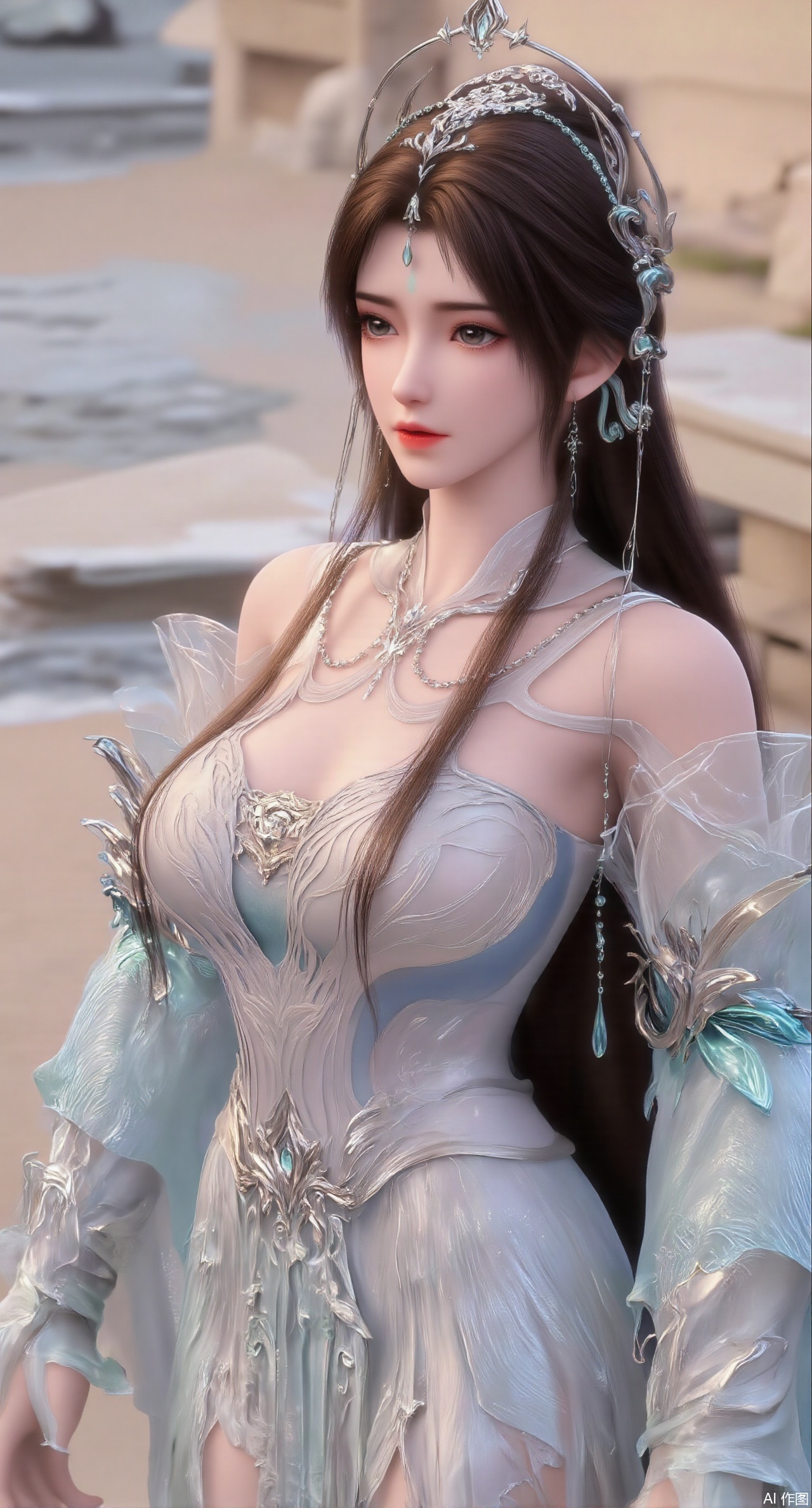 (masterpiece:1.2),best quality,extremely detailed wallpaper,perfect lighting1girl,solo,standing,looking at viewer,(cowboy_shot:1.3),,long hair,blurry background,depth of field,in summer,day,outdoors,nature,sea,(beach:1.4),(huge breasts:2.99),(full breasts:2.99),XcaiyunK,XlimuwanJCB,Xjiningshuang,XjiningshuangX2,XzixinK,XliushenWDDk,XtingerY,XbaiyuekuiXY,XqingyiXYK,COLORFUL CHAOS CRACKS AND DROPS,RAINBOW GLOW.