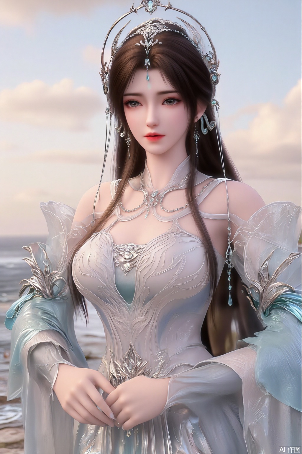  (masterpiece:1.2),best quality,3D animation,CG,absurdres,masterpiece,original,extremely detailed wallpaper,perfect lighting,(extremely detailed CG:1.2),1girl,solo,standing,(huge breasts:2.69),(full breasts:2.59),,looking at viewer,(cowboy_shot:1.1),long hair,high heels,blurry background,depth of field,motion blur,long dress,china_dress,chinese_style,bare shouders,crystal_earrings,headpiece,hair_tie,chest_jewel,gem,necklace,jewelry,in summer,day,outdoors,nature,sea,(rose,beach:1.49),(huge breasts:2.99),(full breasts:2.99),(very long legs,Diamond-studded high heels:1.5),XcaiyunK,XlimuwanJCB,Xjiningshuang,XjiningshuangX2,XzixinK,XliushenWDDk,XtingerY,XbaiyuekuiXY