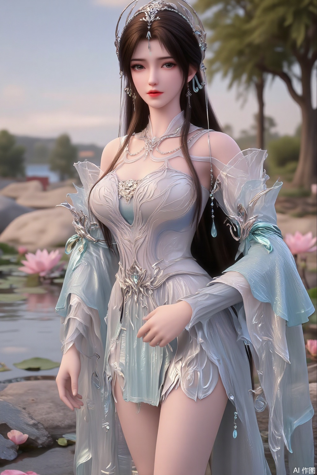 (masterpiece:1.2),best quality,absurdres,masterpiece,original,extremely detailed wallpaper,perfect lighting,(extremely detailed CG:1.2),1girl,solo,standing,looking at viewer,(cowboy_shot:1.3),black hair,long hair,high heels,blurry background,depth of field,motion blur,short dress,china_dress,chinese_style,bare shouders,crystal_earrings,headpiece,hair_tie,chest_jewel,gem,necklace,jewelry,in summer,day,outdoors,nature,sea,(beach:1.4),(huge breasts:2.99),(full breasts:2.99),(lotus pond and pink lotus flowers:1.59),,(very long legs,Diamond-studded high heels:1.5),XcaiyunK,XlimuwanJCB,Xjiningshuang,XjiningshuangX2,XzixinK,XliushenWDDk,XtingerY,XbaiyuekuiXY,XqingyiXYK,COLORFUL CHAOS CRACKS AND DROPS,RAINBOW GLOW.