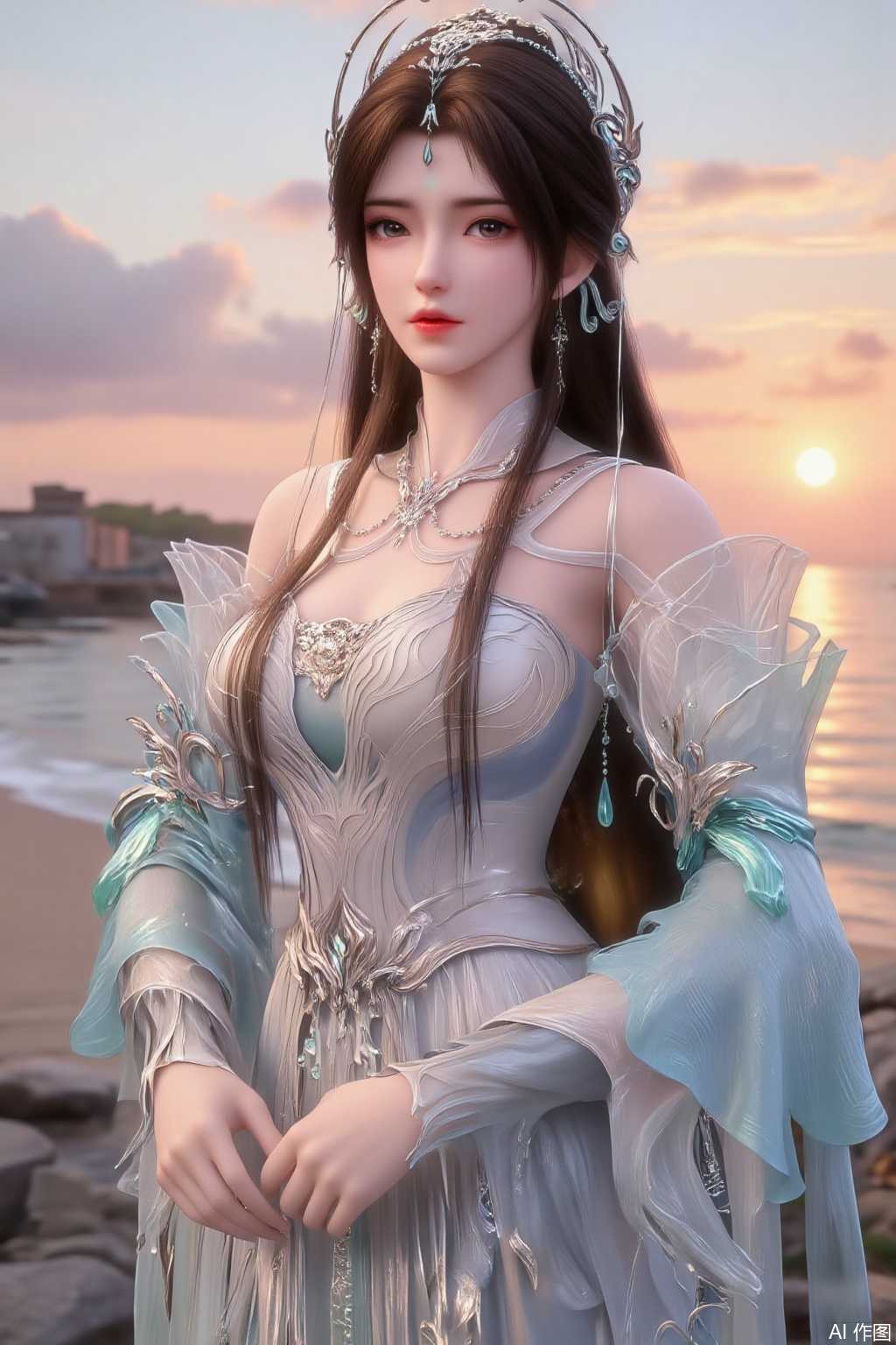 (masterpiece:1.2),best quality,extremely detailed wallpaper,perfect lighting1girl,solo,standing,looking at viewer,(cowboy_shot:1.3),,long hair,blurry background,depth of field,in summer,day,outdoors,nature,sea,(beach:1.4),(huge breasts:2.99),(full breasts:2.99),XcaiyunK,XlimuwanJCB,Xjiningshuang,XjiningshuangX2,XzixinK,XliushenWDDk,XtingerY,XbaiyuekuiXY,XqingyiXYK,COLORFUL CHAOS CRACKS AND DROPS,RAINBOW GLOW.