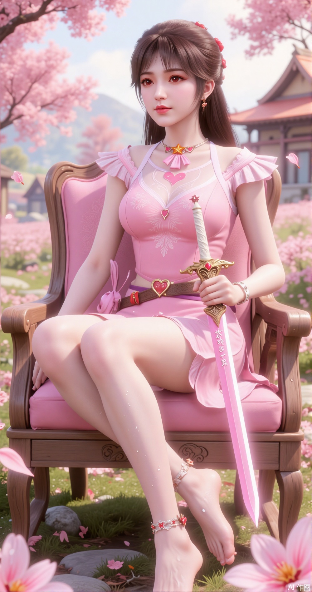 Holding a sword in hand The image shows a young woman sitting on a wooden chair in a garden with pink cherry blossom trees in full bloom She is wearing a pink dress and a pink cardigan, and her long dark hair is styled in loose waves The woman is holding a pink sword with a white handle and a silver hilt She has a peaceful expression on her face and is looking off to the side The background is filled with pink flowers and petals, creating a romantic and dreamy atmosphere The overall mood of the image is peaceful and serene. The skin is covered with water droplets with feet dipped in milk and wearing ankle bracelets