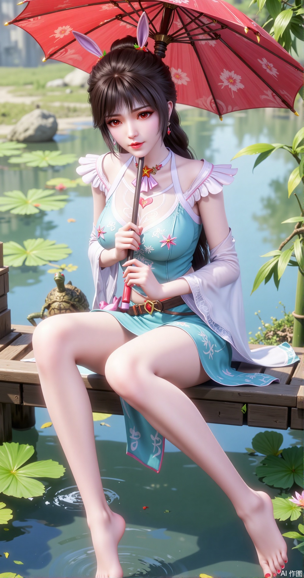 1girl, umbrella,hanfu,barefoot, oil-paper umbrella, frog, black hair, bamboo, water, solo, hanfu, korean clothes, chinese clothes, sitting, holding umbrella, chinese text, bare legs, hair ornament, ripples, red umbrella, lily pad, red nails, holding, soaking feet, animal, turtle, long sleeves, nail polish
//,
photorealistic,Artist:na-ga,(quasarcake:0.2),(wanke:0.9),[Artist:chen bin],Artist:tidsean,[Artist:sk (askzy)],(artist:tokkyu:0.5),(artist:momoko \(momopoco\):0.5),himitsu_(hi_mi_tsu_2),
//,,,