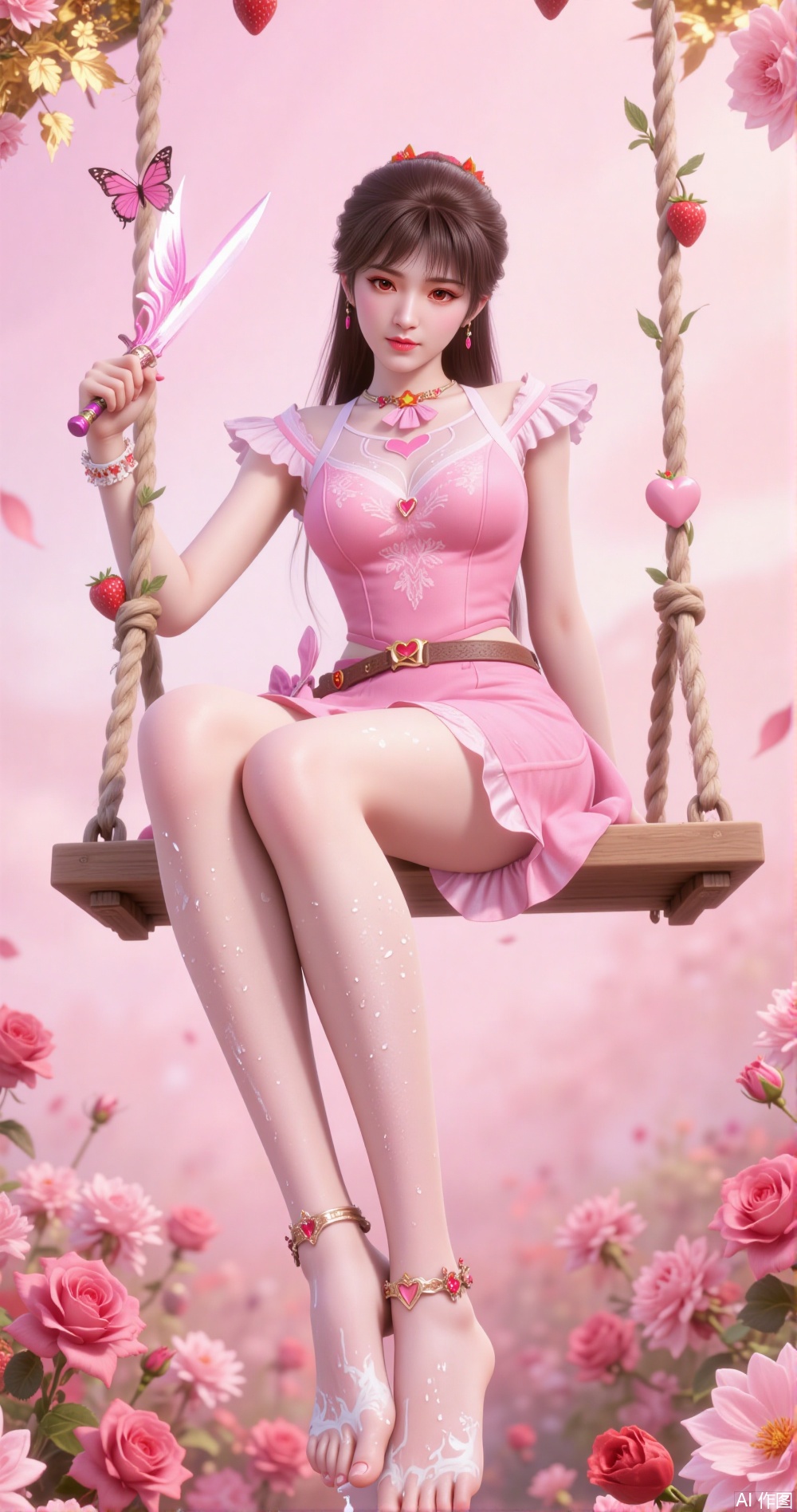 Holding a sword in hand The image shows a young woman sitting on a swing in a garden of pink roses She is wearing a pink dress with ruffles and white polka dots She has long dark hair and is holding a pink sword in her right hand The swing is made of rope and is decorated with strawberries and butterflies The background is a soft pink color with gold accents The overall mood of the image is romantic and whimsical. The skin is covered with water droplets with feet dipped in milk and wearing ankle bracelets