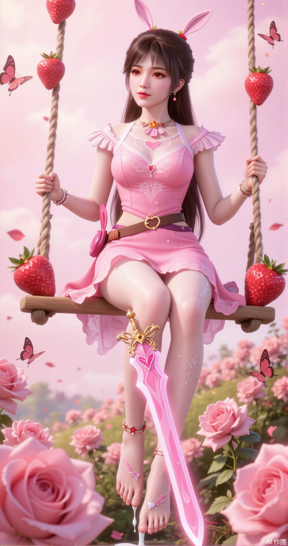 Holding a sword in hand The image shows a young woman sitting on a swing in a garden of pink roses She is wearing a pink dress with ruffles and white polka dots She has long dark hair and is holding a pink sword in her right hand The swing is made of rope and is decorated with strawberries and butterflies The background is a soft pink color with gold accents The overall mood of the image is romantic and whimsical. The skin is covered with water droplets with feet dipped in milk and wearing ankle bracelets