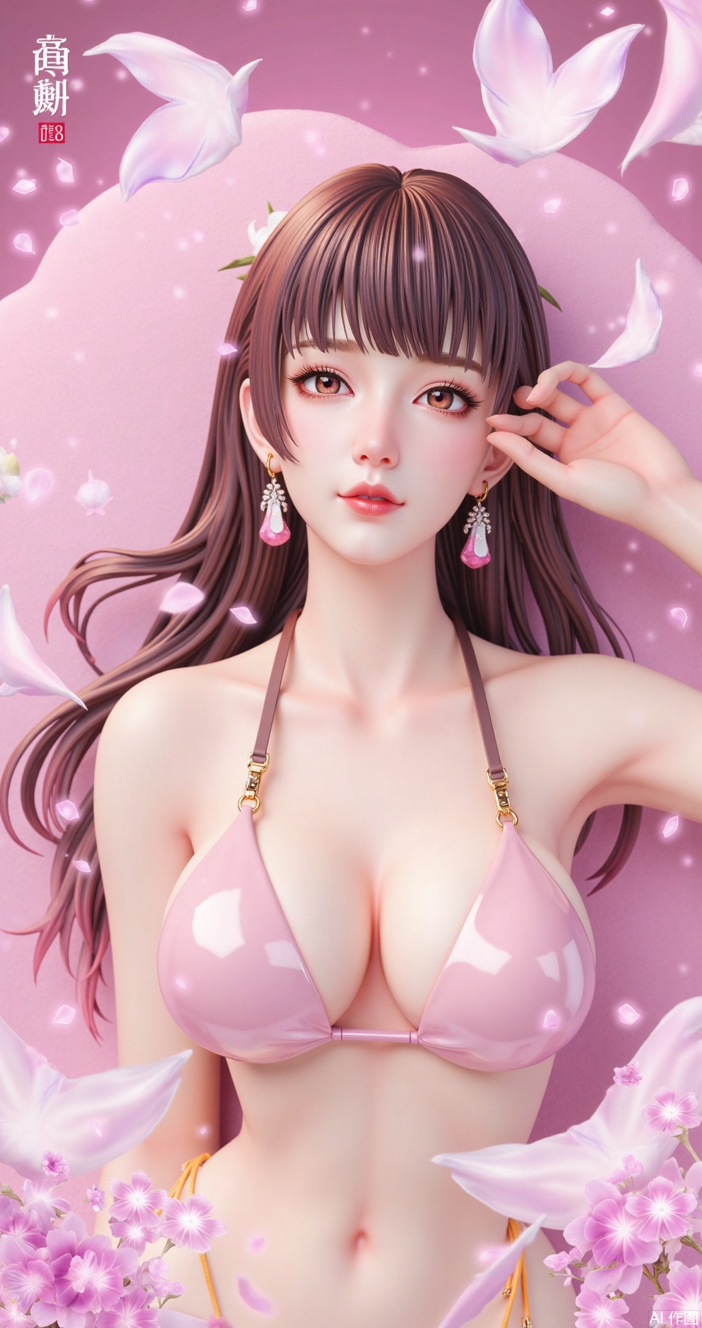 ylj-hd,1 girl,earrings,eyelashes,a charming face,glowing lips,clavicle,shoulder exposure,floating petals,dreamy and beautiful,bikini,medium breasts,cleavge,(upper_body:1.6),(masterpiece, top quality, best quality, official art, beautiful and aesthetic:1.2),