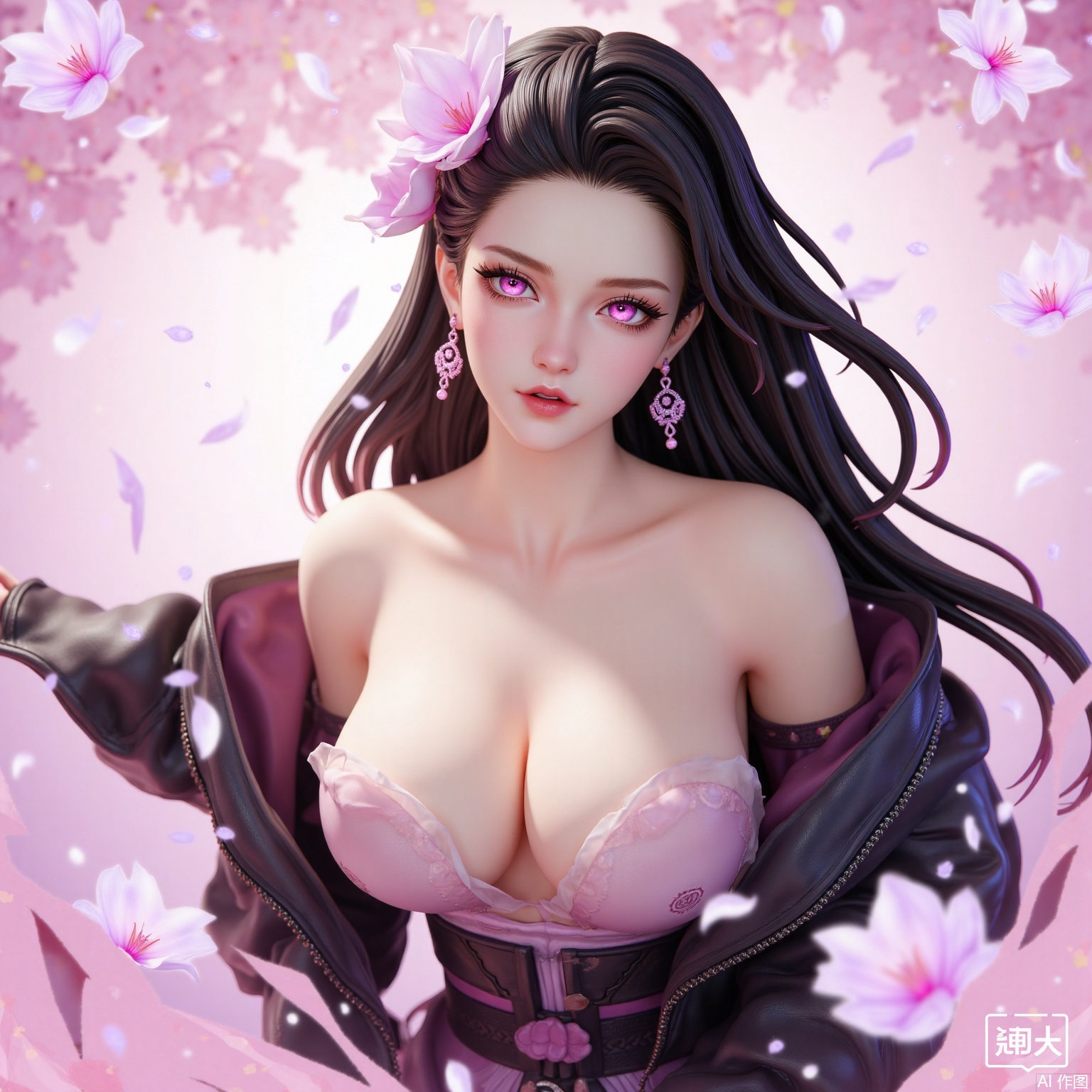 ylj-hd,1 girl,earrings,eyelashes,a charming face,glowing lips,clavicle,shoulder exposure,floating petals,dreamy and beautiful,Black leather jacket,medium breasts,cleavge,(upper_body:1.6),(masterpiece, top quality, best quality, official art, beautiful and aesthetic:1.2),