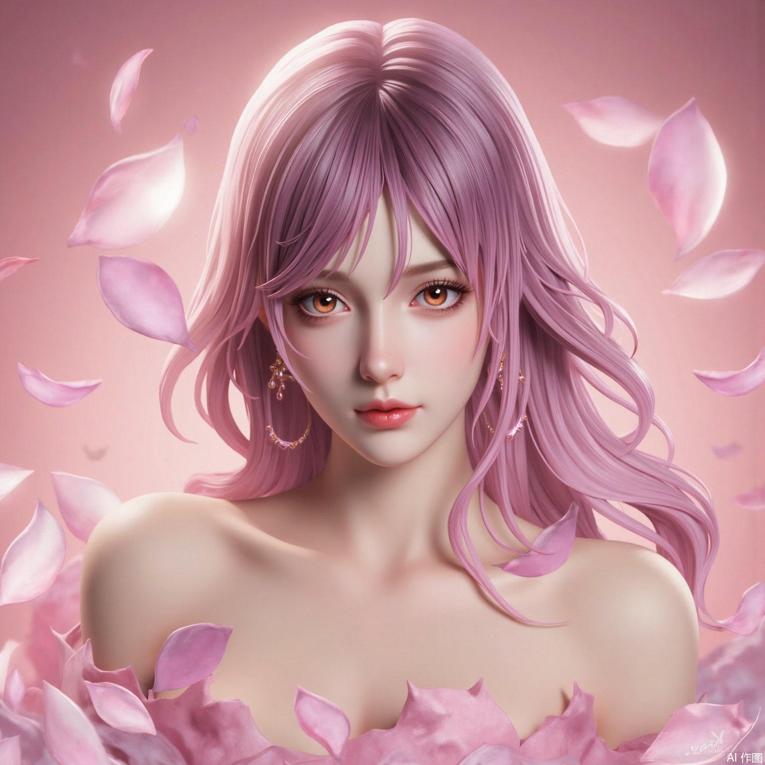 ylj-hd,1 girl,earrings,eyelashes,a charming face,glowing lips,clavicle,shoulder exposure,floating petals,dreamy and beautiful,medium breasts,cleavge,(upper_body:1.6),(masterpiece, top quality, best quality, official art, beautiful and aesthetic:1.2),