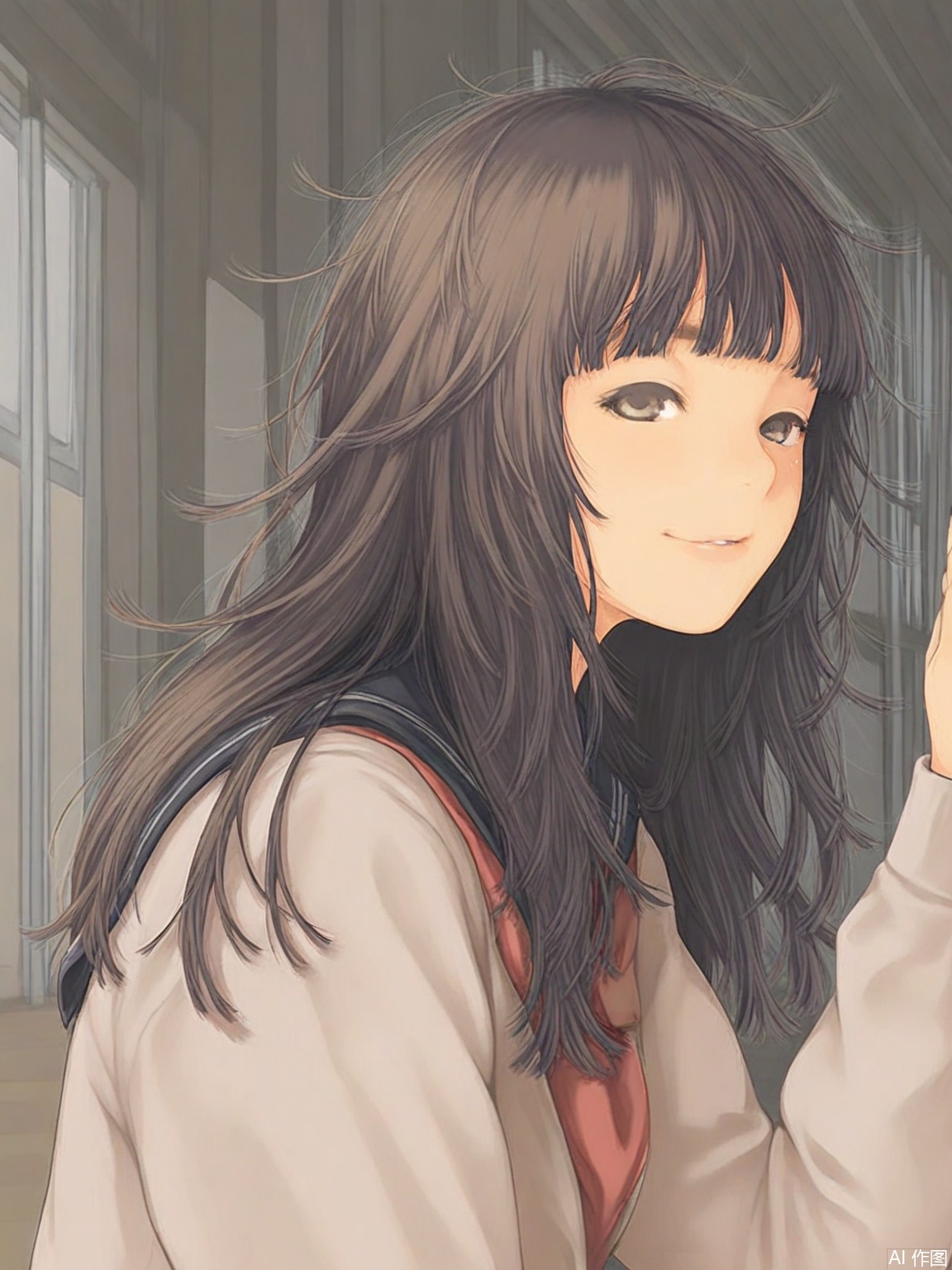 artist_loh,1girl,solo,long hair,messy hair,upper body,school unifrom,