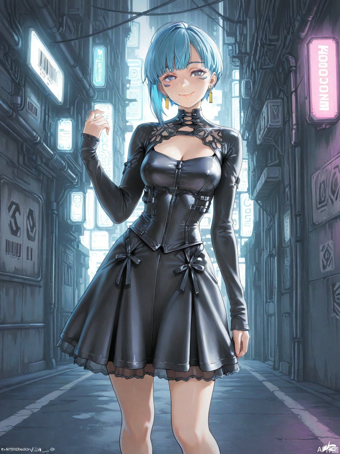 masterpiece, best quality, amazing quality,artist_loh,loh,Blue hair, barcode earring, gothic dress, confident smile, mysterious, edgy, futuristic, cyberpunk, cool, enigmatic.,lineart,looking back,