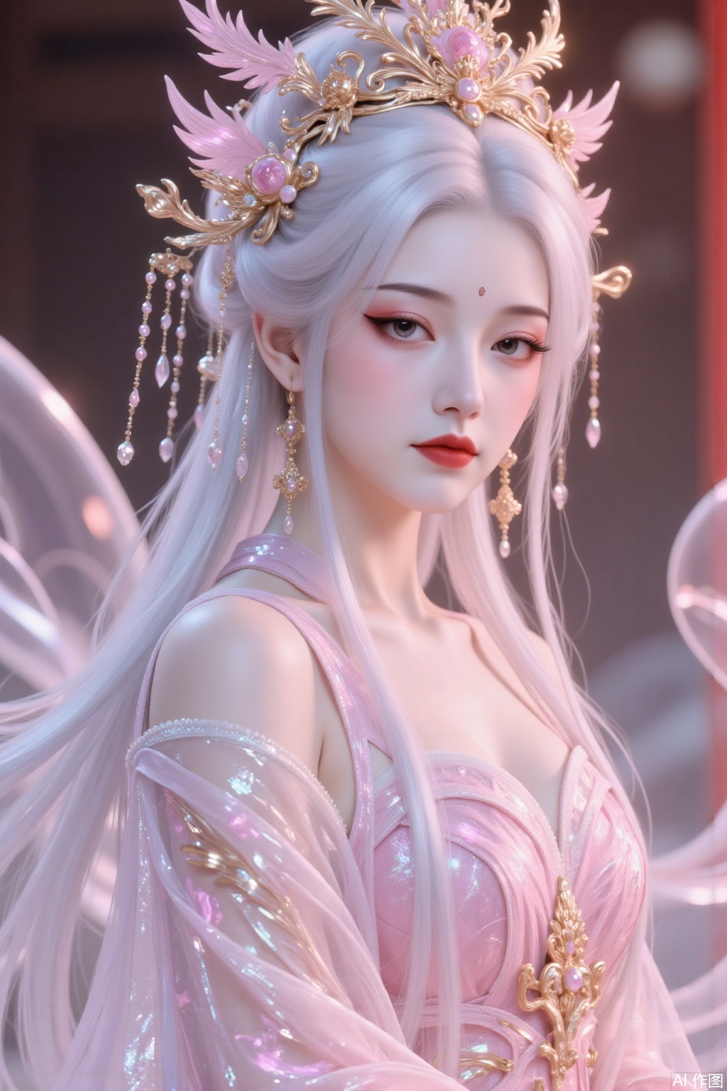 A Chinese woman with long white hair, phoenix crown and robe robe,pink series,looking at the audience, with cold eyes, embroidered cloud pattern and robe robe robe, gauze-made robe robe, exposed back shoulders, fairy-like air, extreme details, exquisite craftsmanship robe robe, mn, cy, fgxp