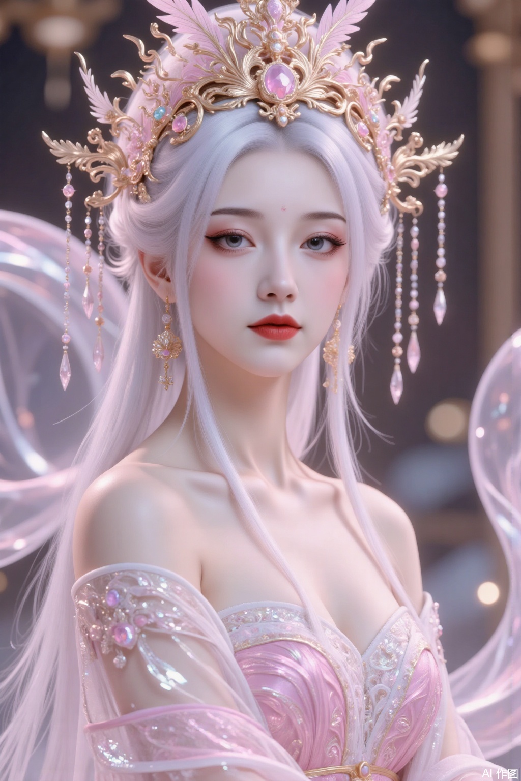 A Chinese woman with long white hair, phoenix crown and robe robe,pink series,looking at the audience, with cold eyes, embroidered cloud pattern and robe robe robe, gauze-made robe robe, exposed back shoulders, fairy-like air, extreme details, exquisite craftsmanship robe robe, mn, cy, fgxp