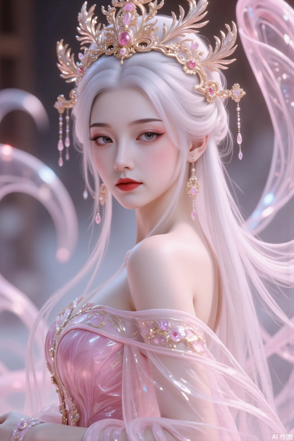 A Chinese woman with long white hair, phoenix crown and robe robe,pink series,looking at the audience, with cold eyes, embroidered cloud pattern and robe robe robe, gauze-made robe robe, exposed back shoulders, fairy-like air, extreme details, exquisite craftsmanship robe robe, mn, cy, fgxp