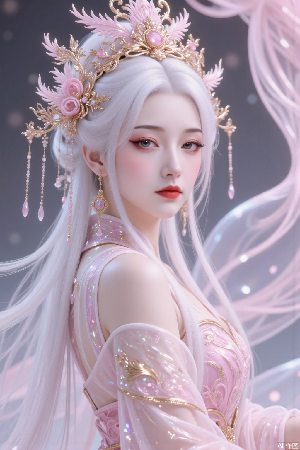 A Chinese woman with long white hair, phoenix crown and robe robe,pink series,looking at the audience, with cold eyes, embroidered cloud pattern and robe robe robe, gauze-made robe robe, exposed back shoulders, fairy-like air, extreme details, exquisite craftsmanship robe robe, mn, cy, fgxp