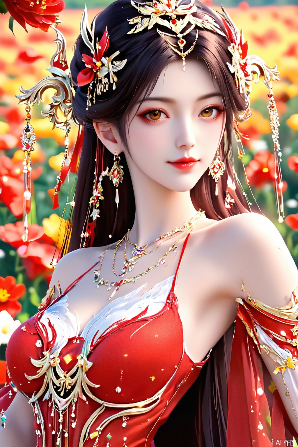 score_9,score_8_up,score_7_up,1girl, solo, long hair, brown hair, black hair, hair ornament, dress, bare shoulders, jewelry, earrings, necklace, red dress, masterpiece,best quality,official art,extremely detailed CG unity 8k wallpaper,upper body,looking at viewer,in a meadow,in a meadow,