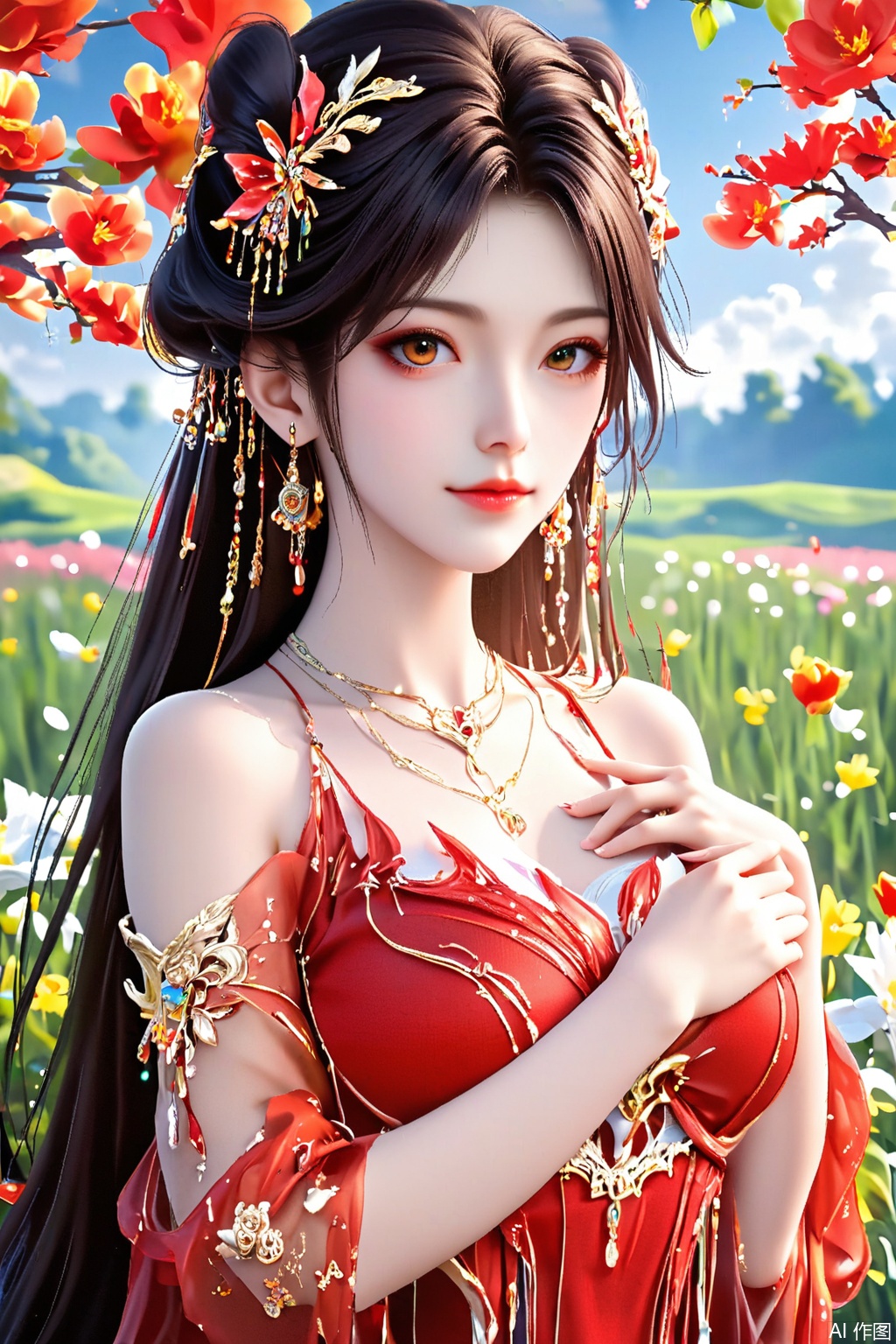 score_9,score_8_up,score_7_up,1girl, solo, long hair, brown hair, black hair, hair ornament, dress, bare shoulders, jewelry, earrings, necklace, red dress, masterpiece,best quality,official art,extremely detailed CG unity 8k wallpaper,upper body,looking at viewer,in a meadow,in a meadow,