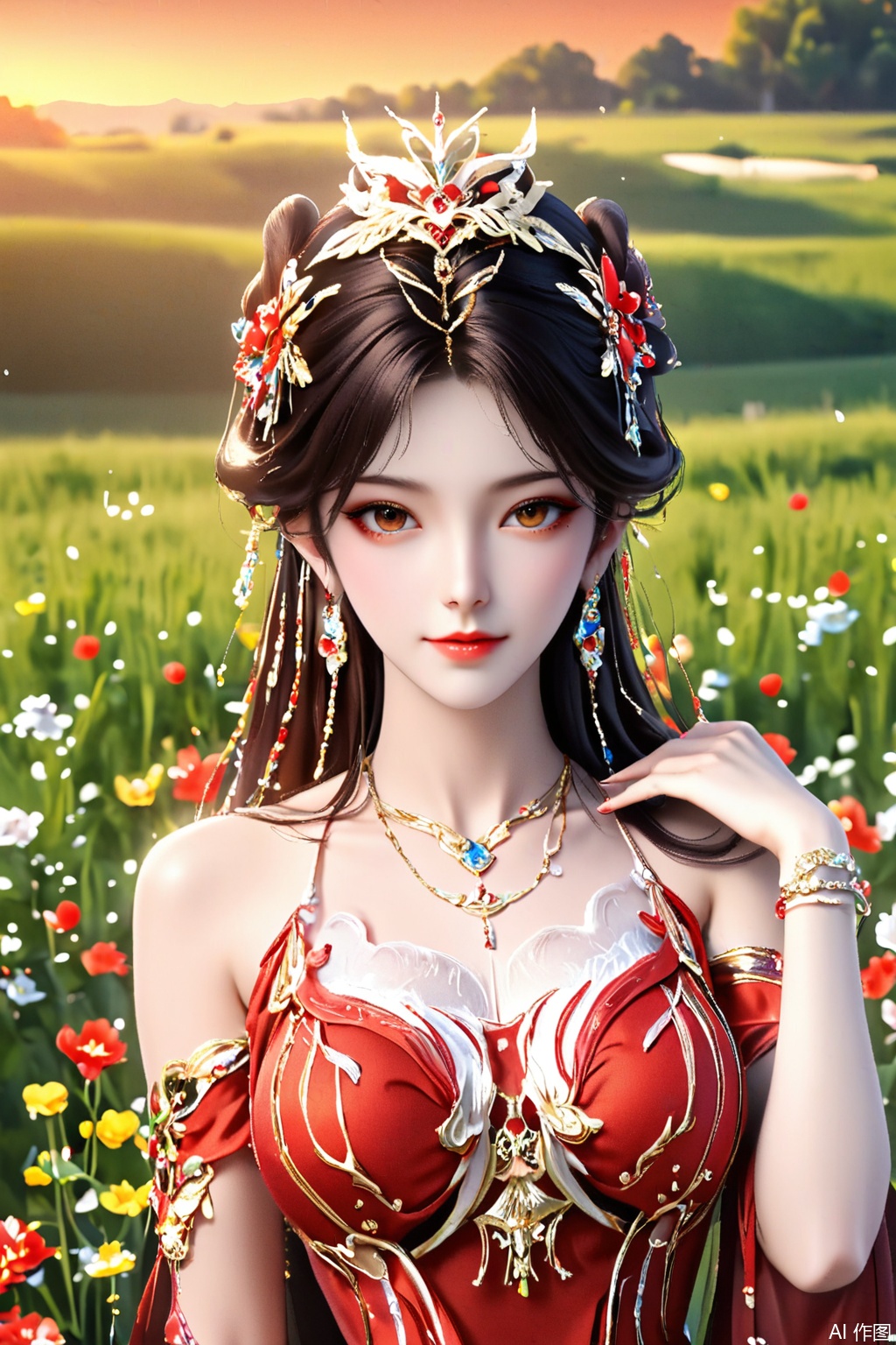 score_9,score_8_up,score_7_up,1girl, solo, long hair, brown hair, black hair, hair ornament, dress, bare shoulders, jewelry, earrings, necklace, red dress, masterpiece,best quality,official art,extremely detailed CG unity 8k wallpaper,upper body,looking at viewer,in a meadow,in a meadow,