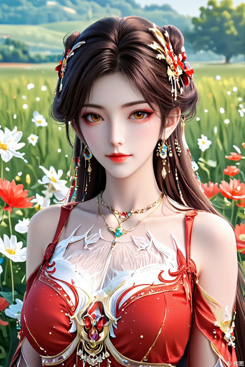 score_9,score_8_up,score_7_up,1girl, solo, long hair, brown hair, black hair, hair ornament, dress, bare shoulders, jewelry, earrings, necklace, red dress, masterpiece,best quality,official art,extremely detailed CG unity 8k wallpaper,upper body,looking at viewer,in a meadow,in a meadow,