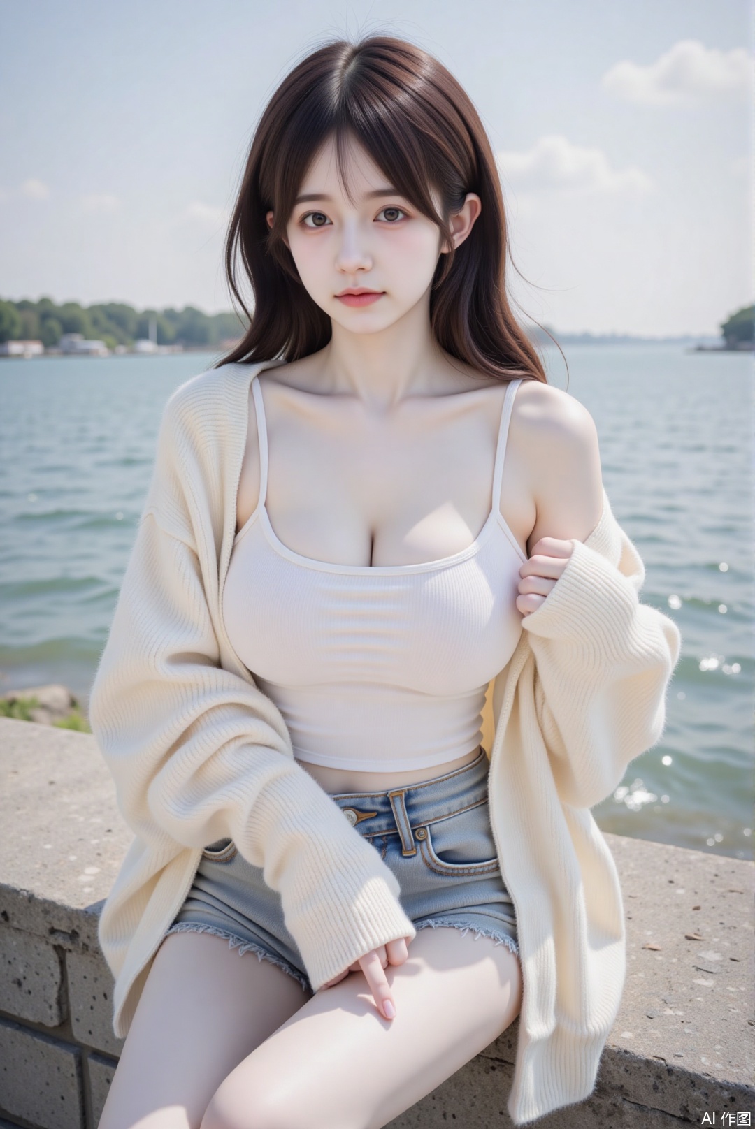 1girl, solo, long hair, breasts, looking at viewer, large breasts, brown hair, shirt, cleavage, brown eyes, sitting, collarbone, jacket, outdoors, open clothes, shorts, water, lips, see-through, cardigan, denim, denim shorts, bench