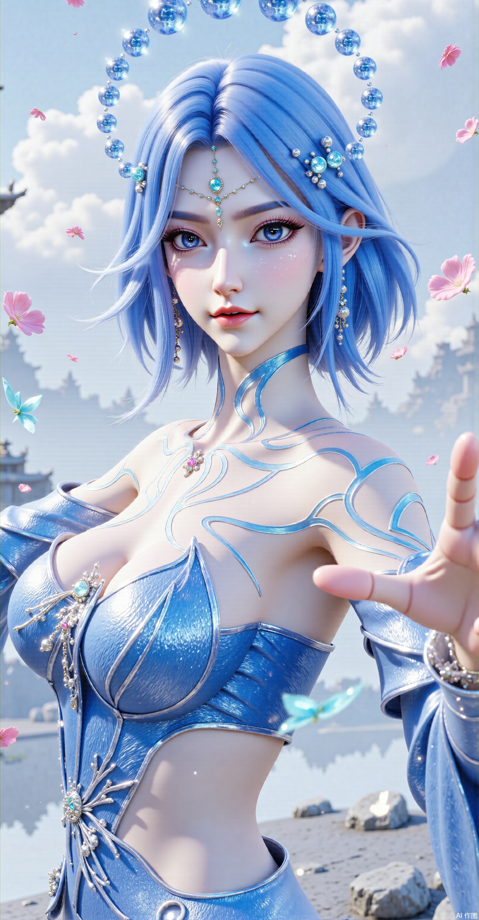 8K UHD Masterpiece | 16K Cinematic Quality | Studio - grade Composition: A centered (about 85% of the frame) half - body shot of a woman in a combat stance. Character Details: - Hair: Bright blue short hair, smooth and glossy with slightly curled ends, showing a natural flowing effect. Some strands are dyed white to add layers. Strand - Based 2.0 RT rendering is used to present dynamic light and shadow effects. - Face: Blue - white gradient, slender and heroic eyebrows; 16K iris - textured deep blue eyes with a mysterious halo effect, as if containing stars. The eye makeup is gorgeous, using blue - based eyeshadow and paired with shiny diamond decorations, with long and curled eyelashes. Light pink, full and small - shaped lips, with the corners of the mouth slightly down, showing a seductive smile. The skin is rendered with 16K Subsurface Scattering (SSS) + hemoglobin, showing 0.1mm pore details, presenting a delicate texture and natural luster. - Neck: Surrounded by blue mysterious runes and patterns with a faint fluorescent texture. The runes show a flowing effect with changes in light. - Limbs: The arms are smooth and clean. The skin is as translucent as ice, with faint frost - crack textures visible; the long legs have tight and smooth lines, and the leg - to - body ratio is ≥55%, showing a textured and slender appearance. Costume: A blue - themed fantasy strapless outfit. The material is like silk, soft and shiny, with light blue patterns on the surface, presenting a frost - like texture effect. The strapless design outlines the graceful body curves. Combat Stance: One hand is extended forward, with blue energy special effects bursting out from the palm, as if releasing powerful power; the arm muscles slightly bulge due to the exertion of force, showing a sense of strength. Background: A light - white ink - wash - style background, with mist and clouds. Sunlight shines through the clouds, presenting a Tyndall - effect - like light effect. Strong winds howl, with pink cherry blossom petals and glistening snowflakes flying in the air. The petals and snowflakes show natural falling trajectories through a dynamic particle system. The background is blurred, mimicking the shallow depth - of - field effect of a Zeiss Otus 85mm f/1.2 lens to highlight the main subject. The overall color tone is cold, with delicate light and shadow effects and vivid colors, creating a mysterious and charming atmosphere. Technical Specifications: - Skin: 16K SSS + Hemoglobin - Hair: Strand - Based 2.0 RT - Eyes: 16K iris texture details, natural light refraction effect in the pupils - Lens: Zeiss Otus 85mm f/1.2 - Rendering: 3D high - precision physically - based rendering, global illumination (GI) + ray tracing
