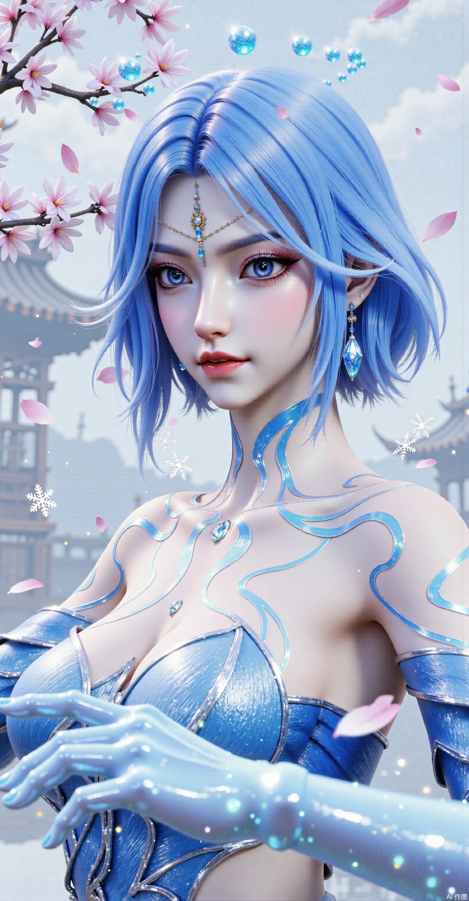 8K UHD Masterpiece | 16K Cinematic Quality | Studio - grade Composition: A centered (about 85% of the frame) half - body shot of a woman in a combat stance. Character Details: - Hair: Bright blue short hair, smooth and glossy with slightly curled ends, showing a natural flowing effect. Some strands are dyed white to add layers. Strand - Based 2.0 RT rendering is used to present dynamic light and shadow effects. - Face: Blue - white gradient, slender and heroic eyebrows; 16K iris - textured deep blue eyes with a mysterious halo effect, as if containing stars. The eye makeup is gorgeous, using blue - based eyeshadow and paired with shiny diamond decorations, with long and curled eyelashes. Light pink, full and small - shaped lips, with the corners of the mouth slightly down, showing a seductive smile. The skin is rendered with 16K Subsurface Scattering (SSS) + hemoglobin, showing 0.1mm pore details, presenting a delicate texture and natural luster. - Neck: Surrounded by blue mysterious runes and patterns with a faint fluorescent texture. The runes show a flowing effect with changes in light. - Limbs: The arms are smooth and clean. The skin is as translucent as ice, with faint frost - crack textures visible; the long legs have tight and smooth lines, and the leg - to - body ratio is ≥55%, showing a textured and slender appearance. Costume: A blue - themed fantasy strapless outfit. The material is like silk, soft and shiny, with light blue patterns on the surface, presenting a frost - like texture effect. The strapless design outlines the graceful body curves. Combat Stance: One hand is extended forward, with blue energy special effects bursting out from the palm, as if releasing powerful power; the arm muscles slightly bulge due to the exertion of force, showing a sense of strength. Background: A light - white ink - wash - style background, with mist and clouds. Sunlight shines through the clouds, presenting a Tyndall - effect - like light effect. Strong winds howl, with pink cherry blossom petals and glistening snowflakes flying in the air. The petals and snowflakes show natural falling trajectories through a dynamic particle system. The background is blurred, mimicking the shallow depth - of - field effect of a Zeiss Otus 85mm f/1.2 lens to highlight the main subject. The overall color tone is cold, with delicate light and shadow effects and vivid colors, creating a mysterious and charming atmosphere. Technical Specifications: - Skin: 16K SSS + Hemoglobin - Hair: Strand - Based 2.0 RT - Eyes: 16K iris texture details, natural light refraction effect in the pupils - Lens: Zeiss Otus 85mm f/1.2 - Rendering: 3D high - precision physically - based rendering, global illumination (GI) + ray tracing