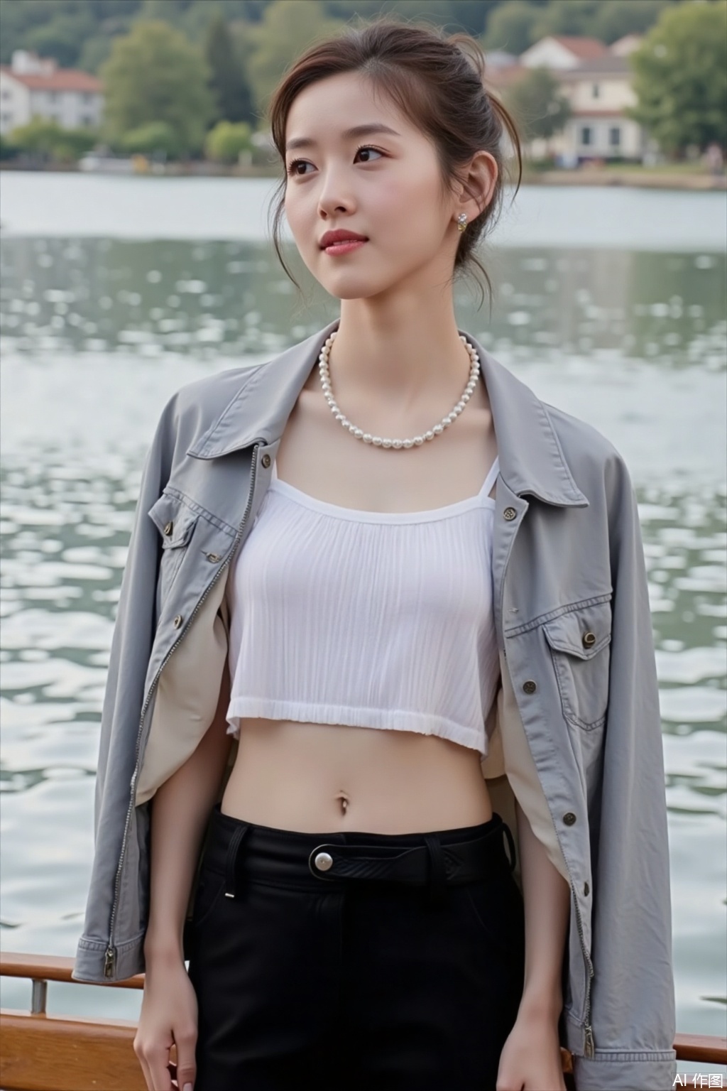 1girl, solo, short hair, brown hair, brown eyes, jewelry, jacket, earrings, outdoors, pants, water, necklace, motion blur, realistic, jacket on shoulders, watercraft, pearl necklace