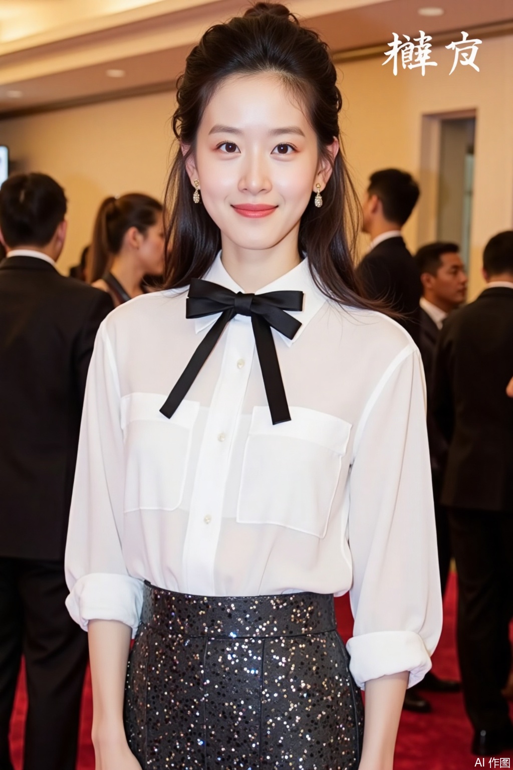 The image shows a woman wearing a white blouse with a black bow tie and a glittery skirt. She is standing in a crowded indoor setting, possibly at a formal event or party, as suggested by the blurred figures in the background and the warm, festive lighting. The woman has her hair pulled back and is wearing small earrings. The text in the top right corner reads "©2015-2016 新光点" in Chinese characters, indicating the year 2015-2016.
