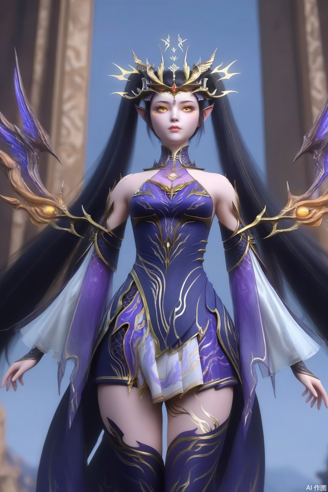 1girl, solo, long hair, looking at viewer, closed mouth, yellow eyes, 1girl, solo, long hair, black hair, hair ornament, thighhighs, dress, twintails, yellow eyes, detached sleeves, pointy ears
masterpiece, best quality, absurdres, highres, amazing quality, very aesthetic,  newest, absurdres, highres, highly detailed, very aesthetic,