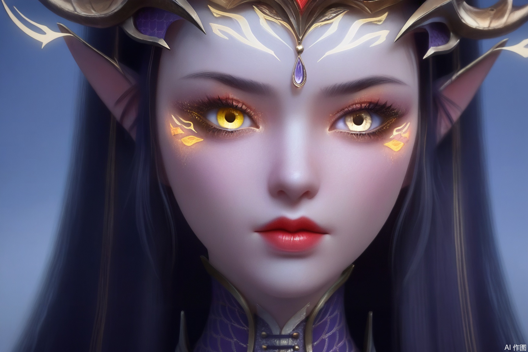 1girl, solo, long hair, looking at viewer, closed mouth, yellow eyes, horns, pointy ears, lips, eyelashes, makeup, heterochromia, facial mark, portrait, red lips, 
masterpiece, best quality, absurdres, highres, amazing quality, very aesthetic,  newest, absurdres, highres, highly detailed, very aesthetic,