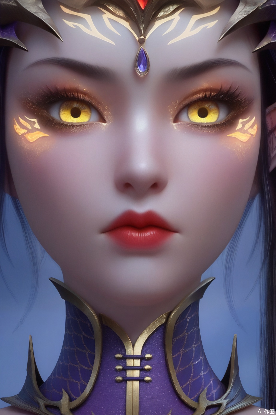 1girl, solo, long hair, looking at viewer, closed mouth, yellow eyes, horns, pointy ears, lips, eyelashes, makeup, heterochromia, facial mark, portrait, red lips, 
masterpiece, best quality, absurdres, highres, amazing quality, very aesthetic,  newest, absurdres, highres, highly detailed, very aesthetic,