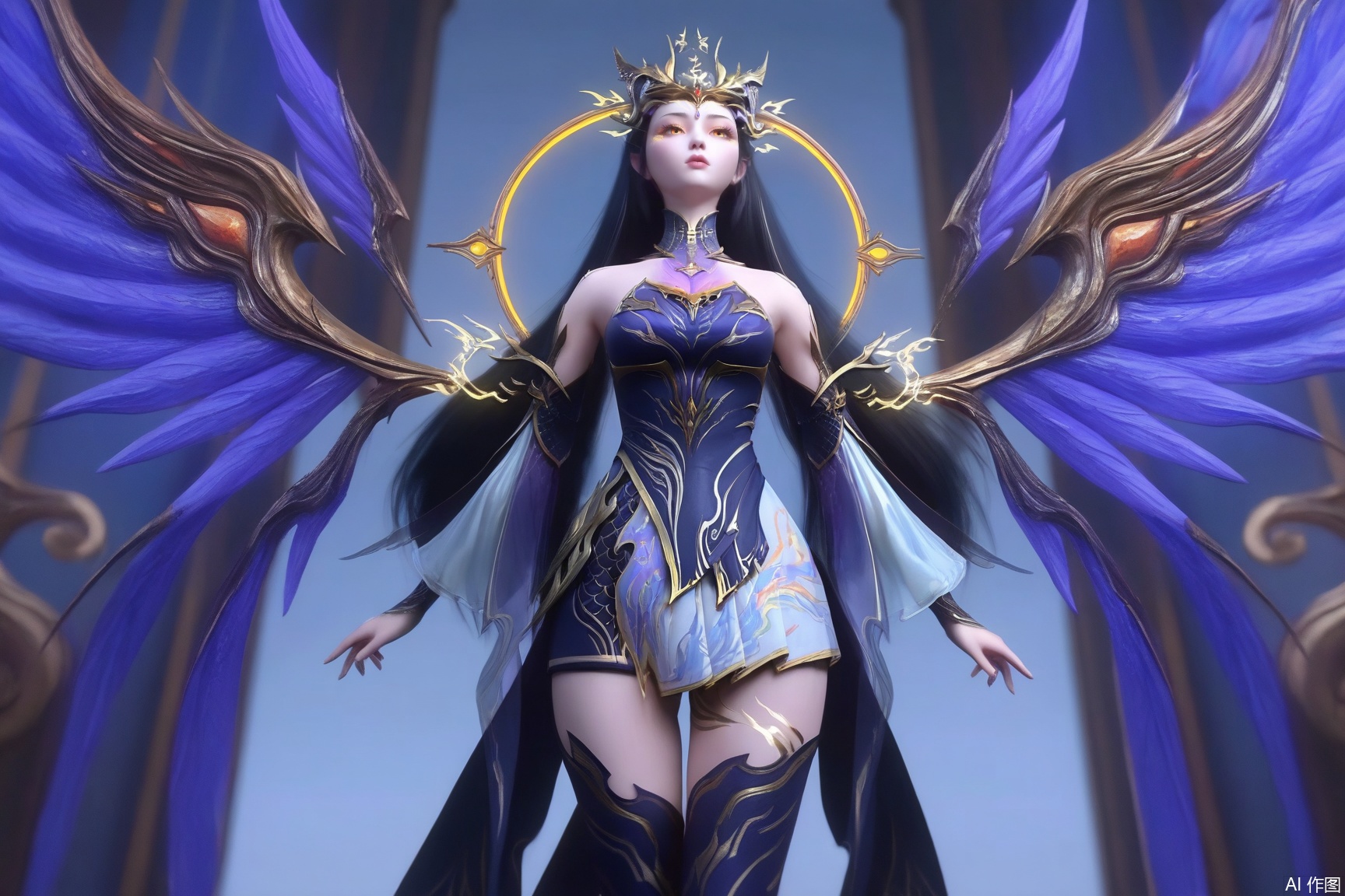 1girl, solo, long hair, black hair, hair ornament, thighhighs, dress, bare shoulders, detached sleeves, wings, 
masterpiece, best quality, absurdres, highres, amazing quality, very aesthetic,  newest, absurdres, highres, highly detailed, very aesthetic,