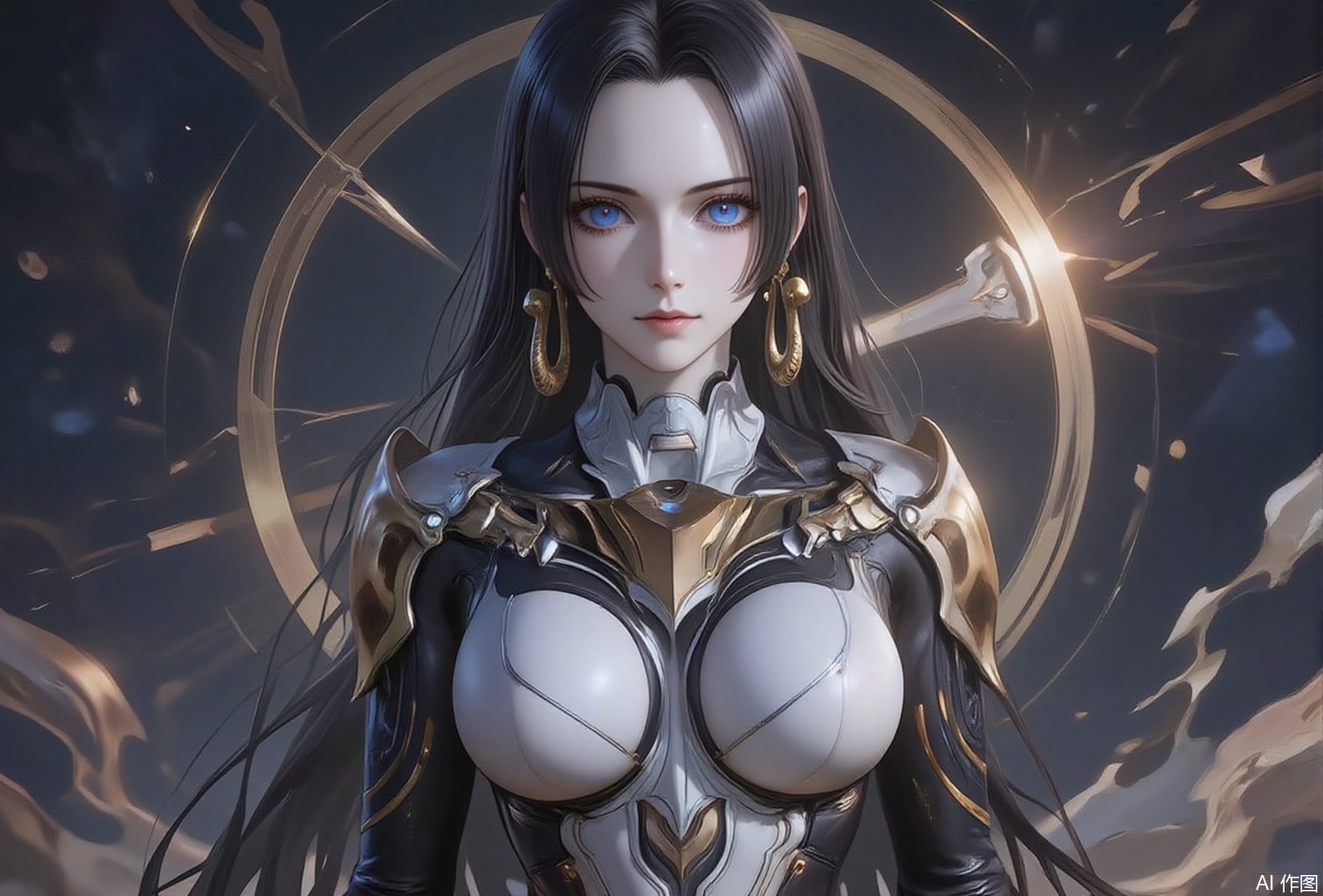 nvdi,lvjing,lvjing,dahe,zhanyi,baoshi,zhennite,
black hair,long hair,blue eyes,fair_skin,jewelry,earrings,
1girl, breasts, solo, armor, large breasts, standing, shoulder armor, boobplate, gauntlets, gloves,9