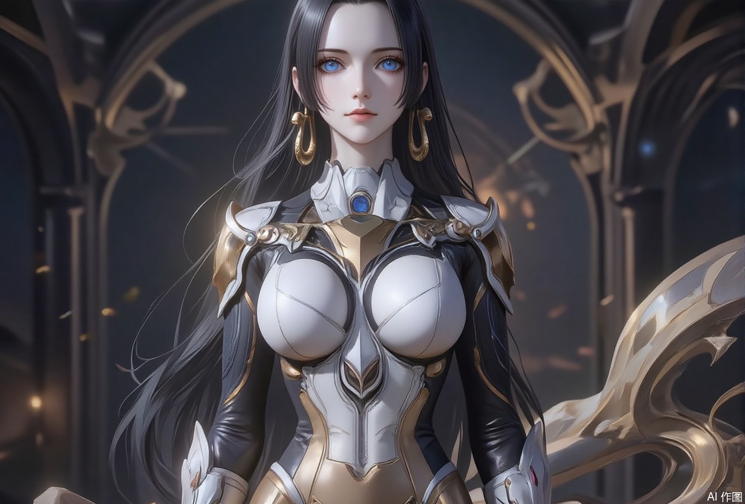 nvdi,lvjing,lvjing,dahe,zhanyi,baoshi,zhennite,
black hair,long hair,blue eyes,fair_skin,jewelry,earrings,
1girl, breasts, solo, armor, large breasts, standing, shoulder armor, boobplate, gauntlets, gloves,9