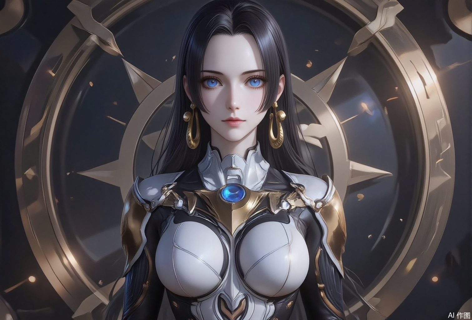 nvdi,lvjing,lvjing,dahe,zhanyi,baoshi,zhennite,
black hair,long hair,blue eyes,fair_skin,jewelry,earrings,
1girl, breasts, solo, armor, large breasts, standing, shoulder armor, boobplate, gauntlets, gloves,9