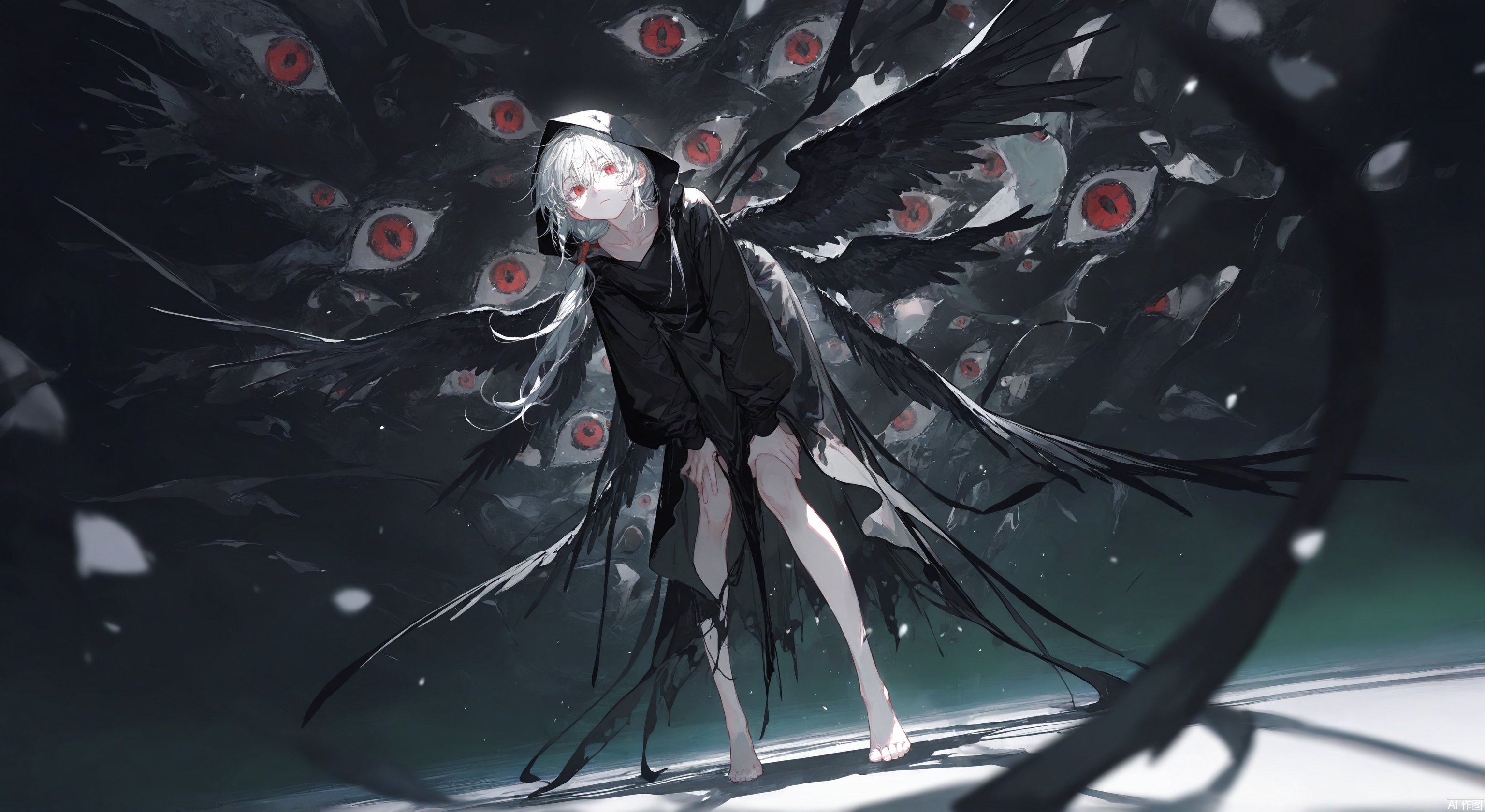 masterpiece, best quality, amazing quality, (roitz \( roitz \), au \(d elete\):1.1), (munlu \(wolupus\) ,banpai akira:1.2),high quality,artist_ciloranko,best quality,(masterpiece), artist's painting style: soresaki, (artist's painting style molu stranger),A girl,solo,long white hair,Low ponytail,red eyes, black robe, hood on head,The wings,eyes on wings, Robes covering the legs, high-necked base shirt, expressionless face,Standing, full body, many eyes in the air, dark endless sea,low angle of view,Flat chest, reach forward, look at the viewer,Warm-toned bright characters,Light, shadow
,best quality,depth of field,cinematic lighting,light particles,lens flare,impactful picture,No logo,offcial art,movie perspective,high quality,extremely detailed,High Detail,(Tyndall Effect 1.4),cover art,extreme aesthetic,masterpiece,best quality,good quality,newest,Visual impact,32K UHD,sharp focus,detail background
