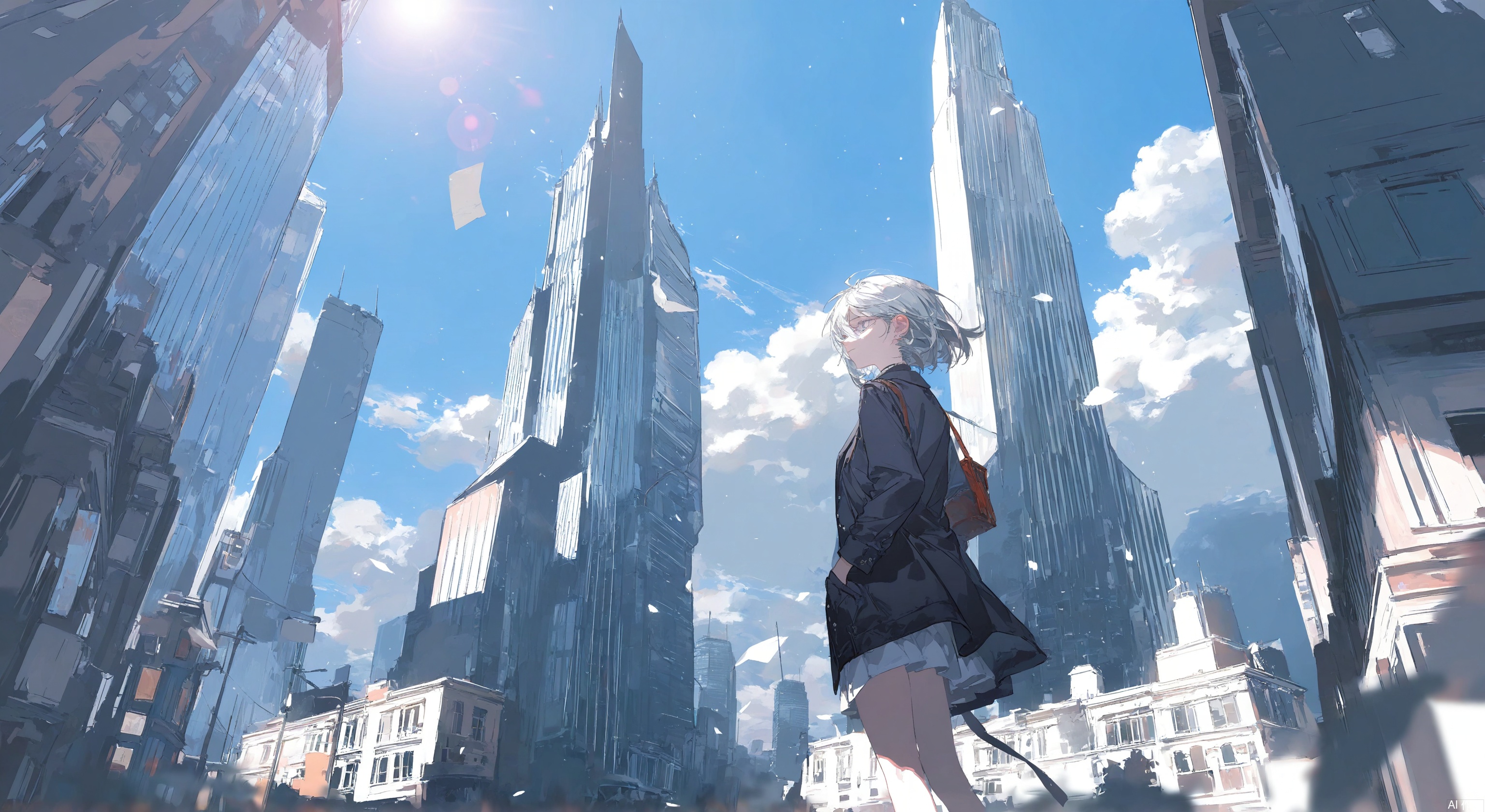 masterpiece, best quality, amazing quality, (roitz \( roitz \), au \(d elete\):1.1), (munlu \(wolupus\) ,banpai akira:1.2),high quality,artist_ciloranko,best quality,(masterpiece), artist's painting style: soresaki, (artist's painting style molu stranger),1girl, solo, outdoors, sky, day, cloud, blue sky, building, scenery, city, cityscape, skyscraper,Light, shadow
,best quality,depth of field,cinematic lighting,light particles,lens flare,impactful picture,No logo,offcial art,movie perspective,high quality,extremely detailed,High Detail,(Tyndall Effect 1.4),cover art,extreme aesthetic,masterpiece,best quality,good quality,newest,Visual impact,32K UHD,sharp focus,detail background