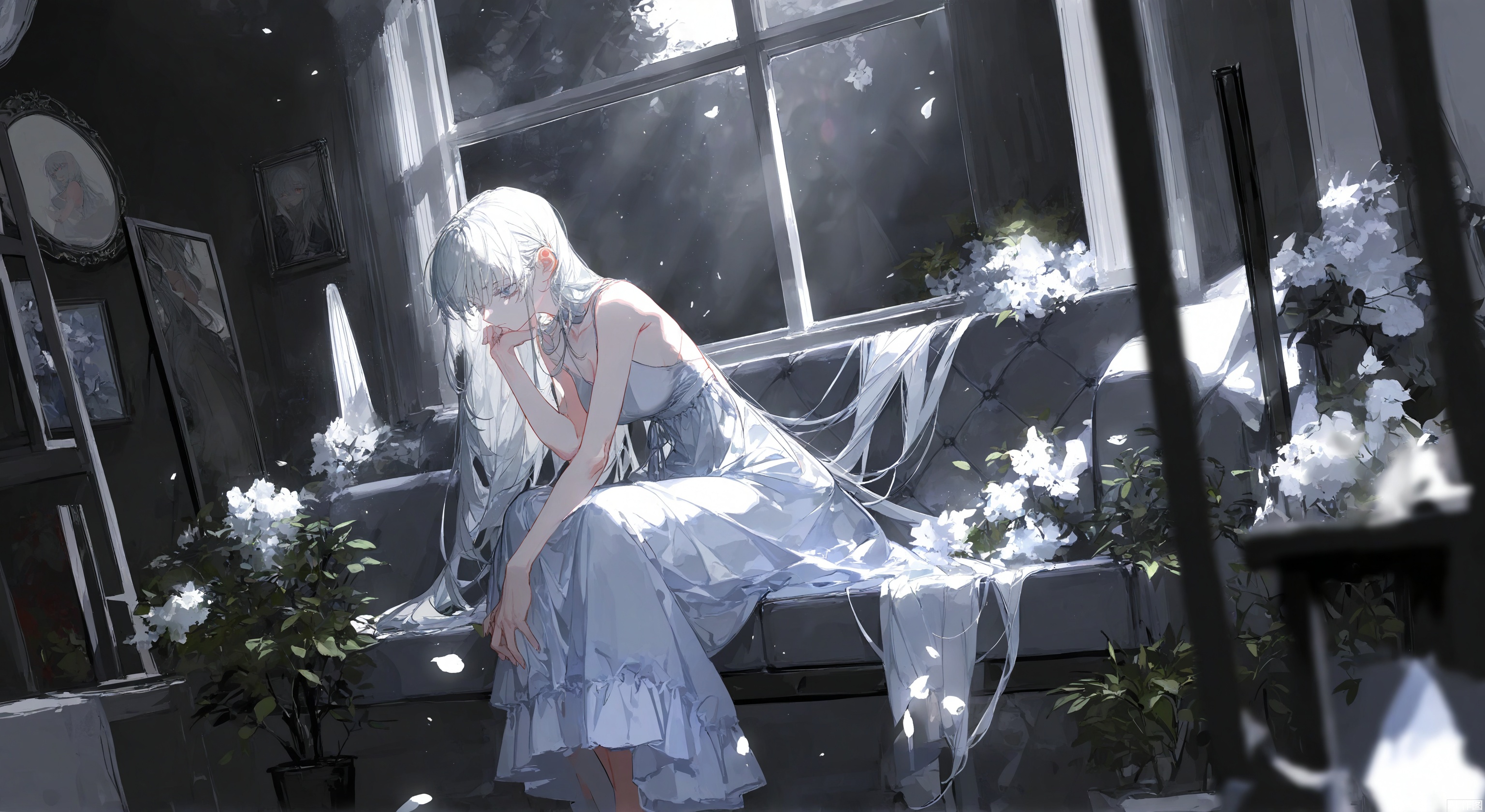 masterpiece, best quality, amazing quality, (roitz \( roitz \), au \(d elete\):1.1), (munlu \(wolupus\) ,banpai akira:1.2),high quality,artist_ciloranko,best quality,(masterpiece), artist's painting style: soresaki, (artist's painting style molu stranger),1girl, solo, long hair, breasts, bangs, dress, sitting, very long hair, white hair, indoors, white dress, window, plant, reflection,Light, shadow
,best quality,depth of field,cinematic lighting,light particles,lens flare,impactful picture,No logo,offcial art,movie perspective,high quality,extremely detailed,High Detail,(Tyndall Effect 1.4),cover art,extreme aesthetic,masterpiece,best quality,good quality,newest,Visual impact,32K UHD,sharp focus,detail background