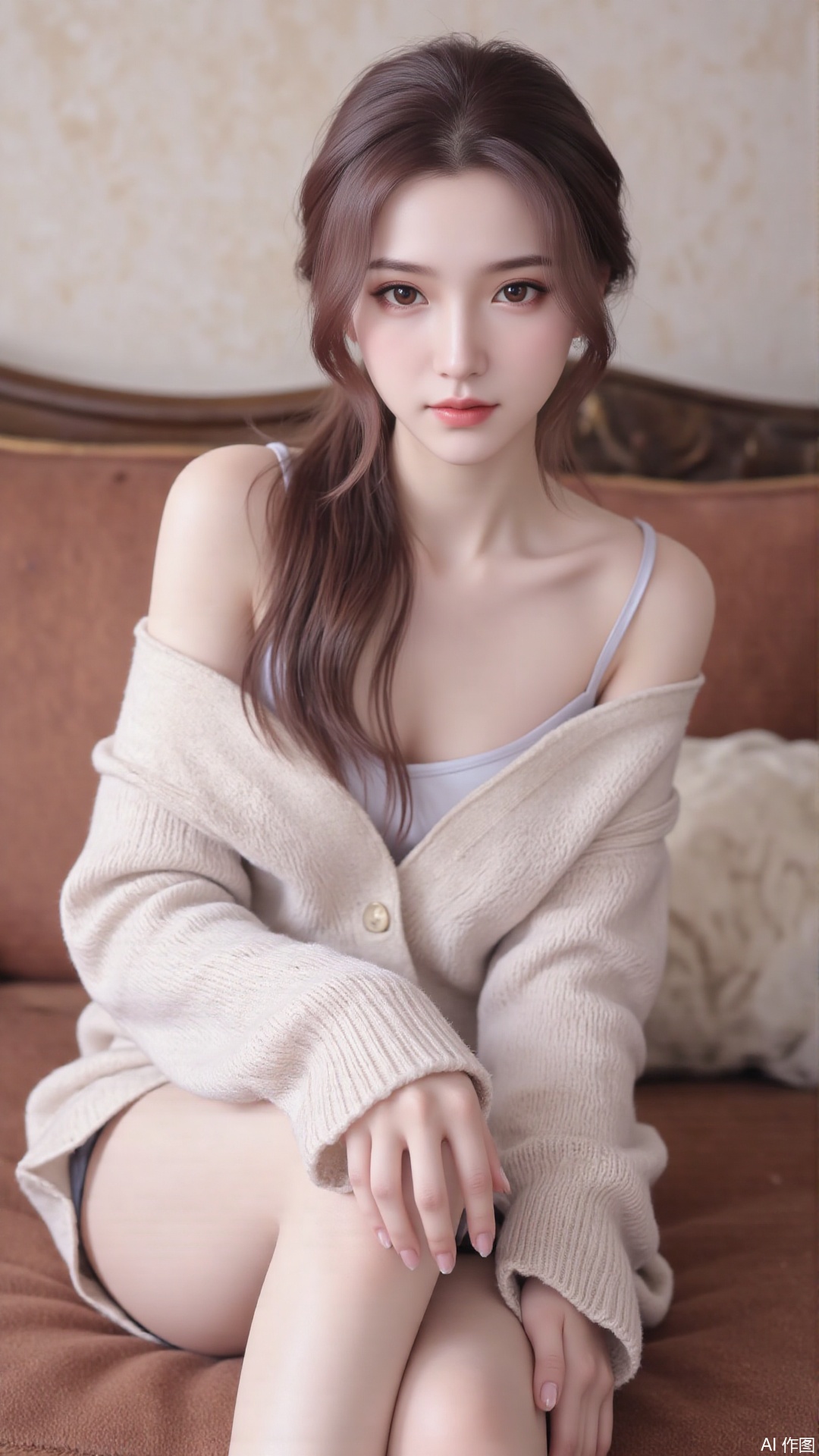 1girl, solo, long hair, looking at viewer, smile, sitting, collarbone, off shoulder, sweater, messy hair, realistic