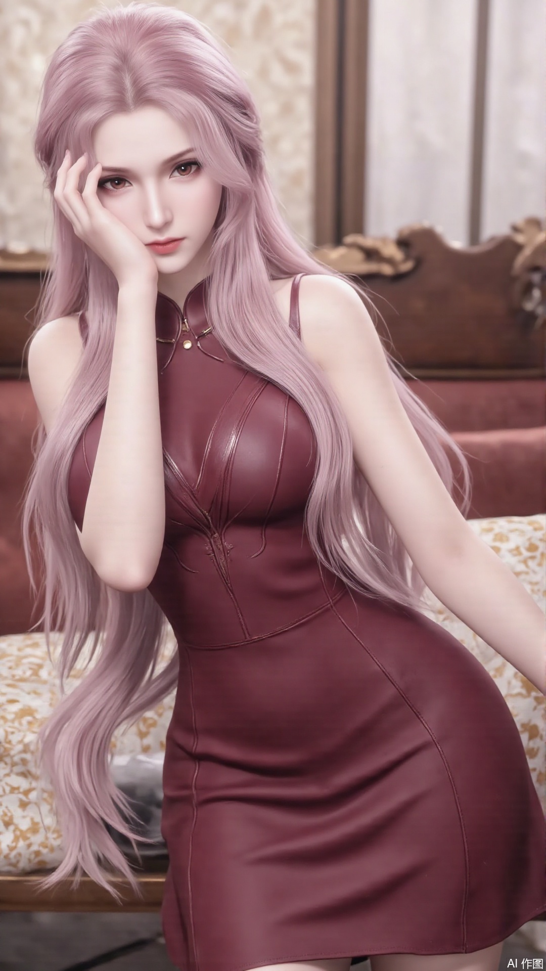 1girl, solo, red eyes, sleeveless dress, looking at viewer, mischevious smile, perfect body, scenery, sharp focus, best quality, masterpiece, detailed outfit, illustration, perfect eyes, finely detailed beautiful anime eyes, realistic skin, intricate details, best lighting, depth of field, ultra high resolution,cowboy_shot