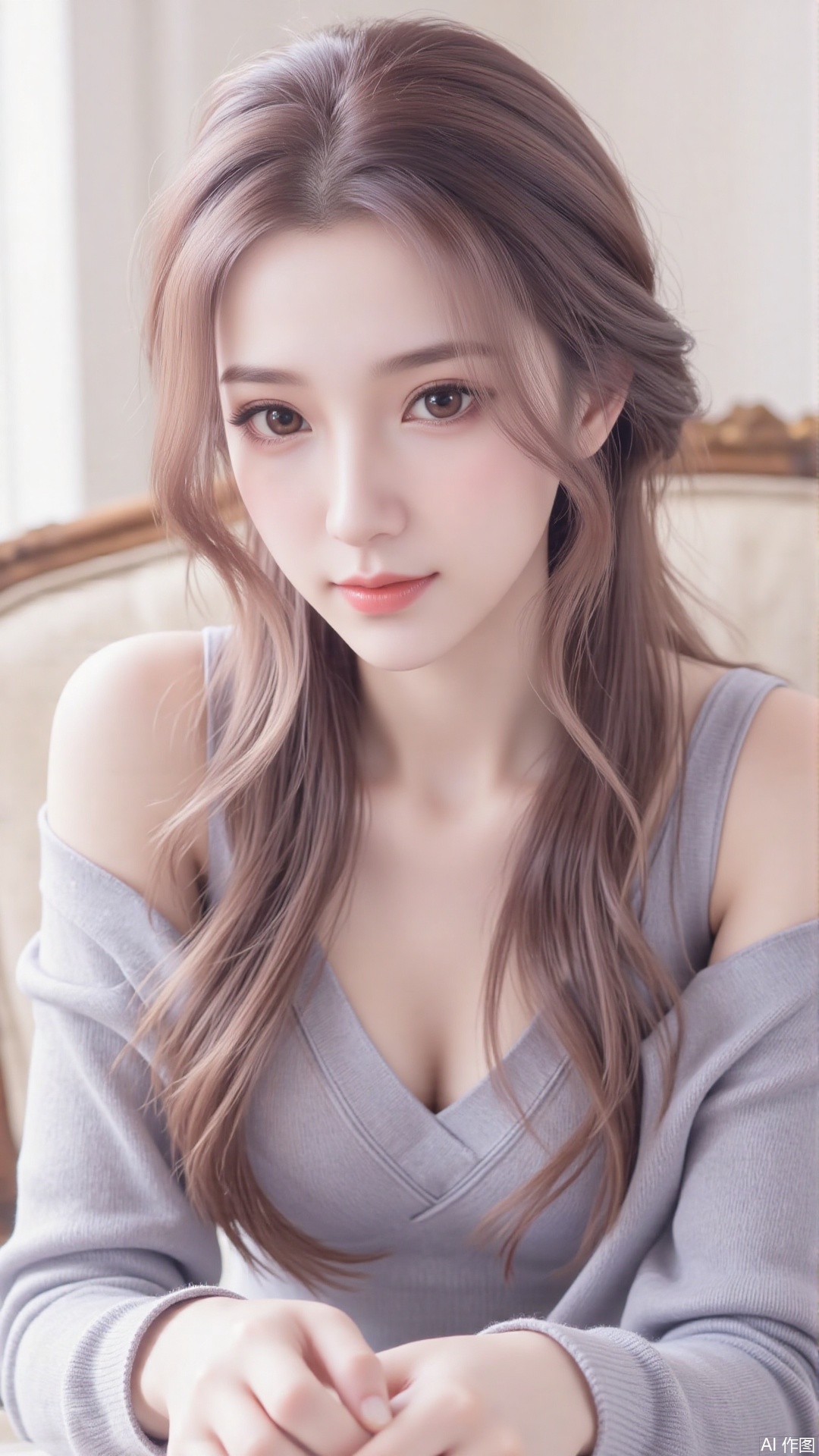1girl, solo, long hair, looking at viewer, smile, sitting, collarbone, off shoulder, sweater, messy hair, realistic