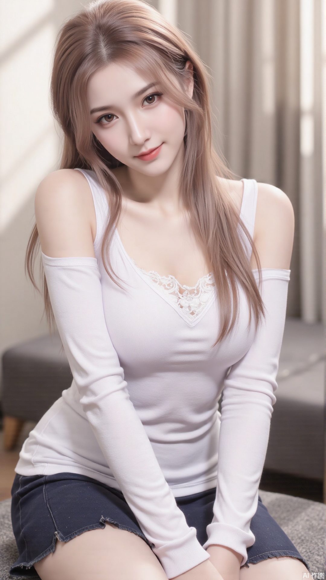 1girl, solo, long hair, looking at viewer, smile, sitting, collarbone, off shoulder, sweater, messy hair, realistic