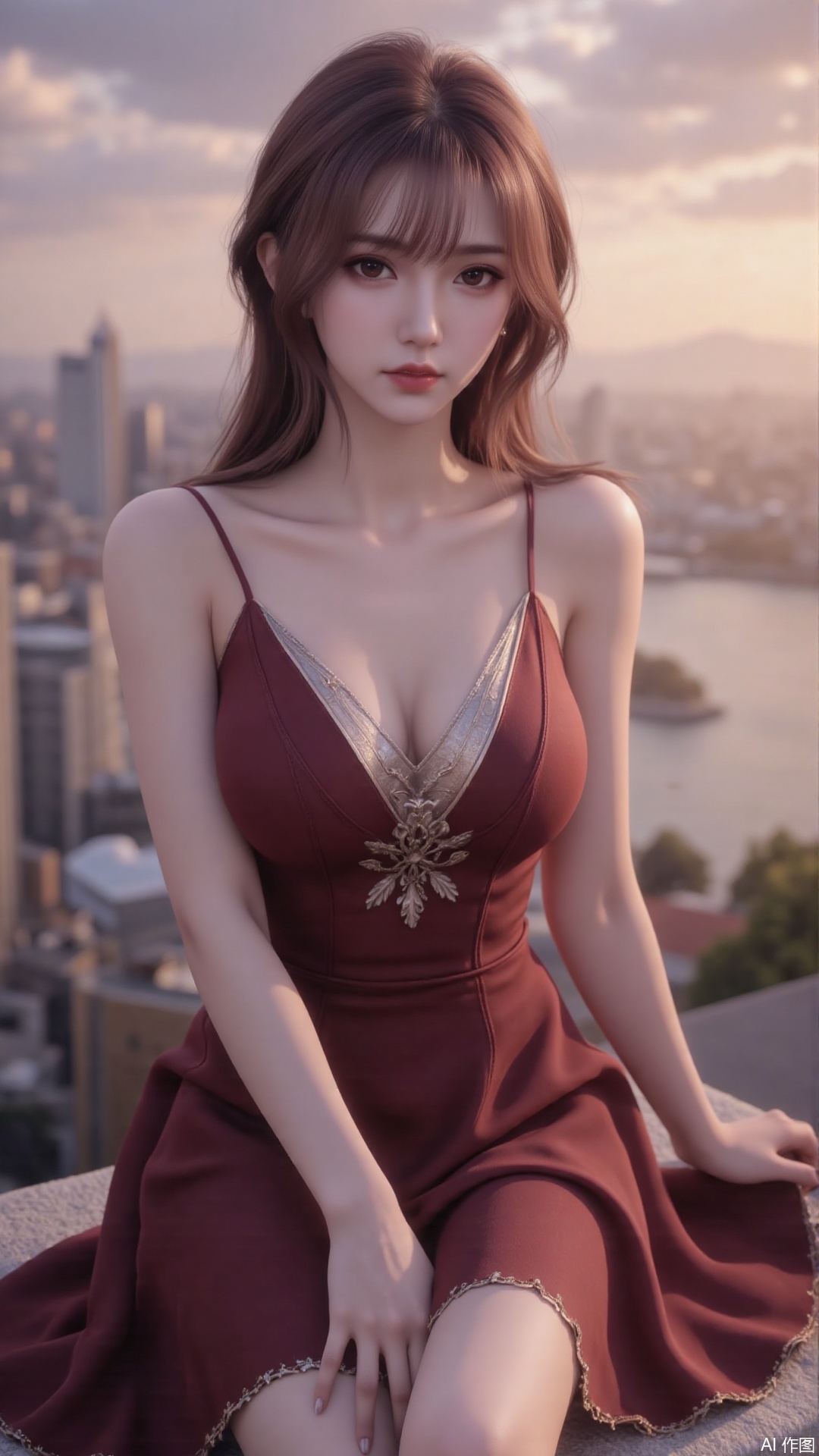 1girl, solo, red eyes, sleeveless dress, looking at viewer, mischevious smile, perfect body, scenery, sharp focus, best quality, masterpiece, detailed outfit, illustration, perfect eyes, finely detailed beautiful anime eyes, realistic skin, intricate details, best lighting, depth of field, ultra high resolution, sitting