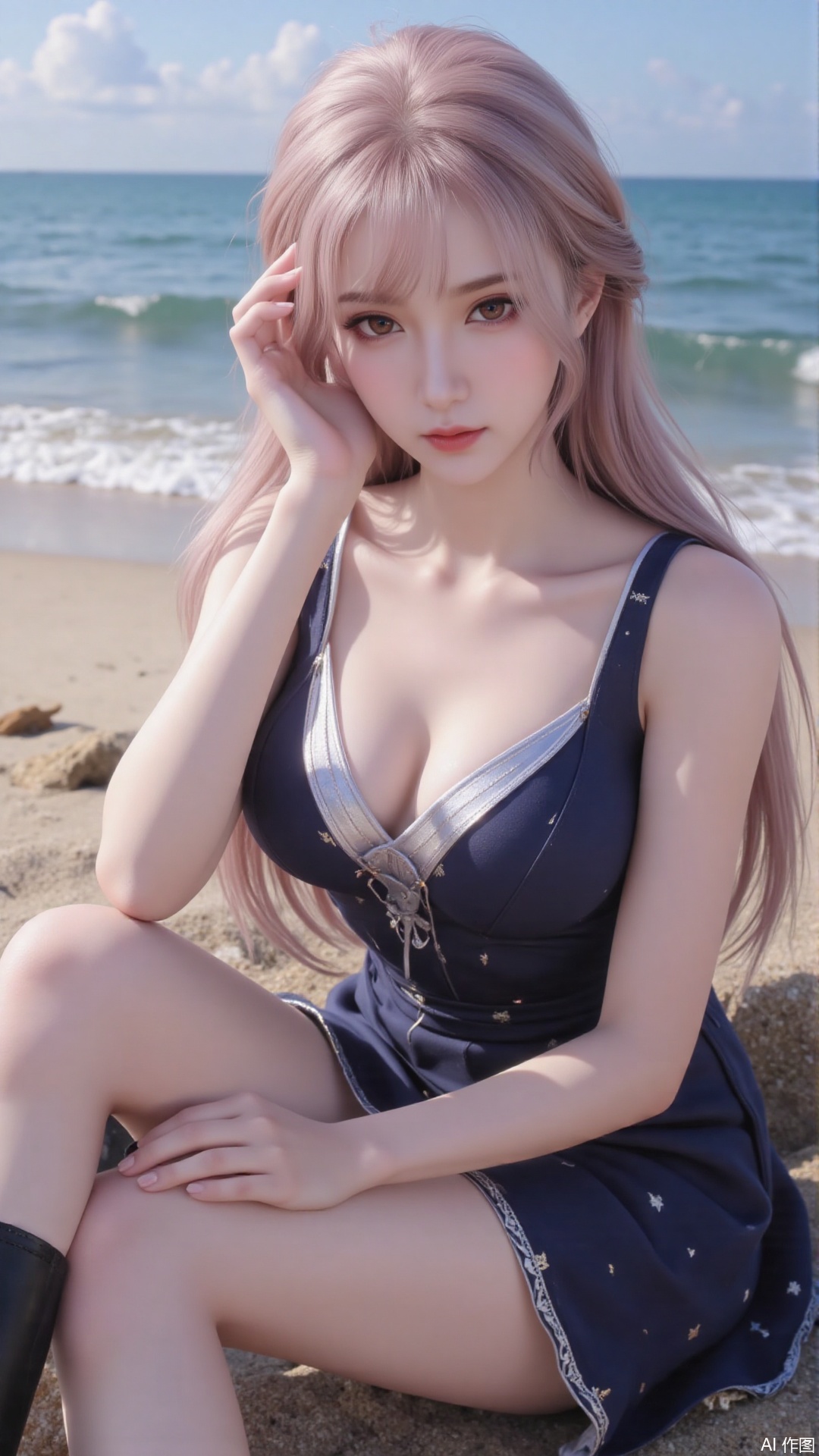 1girl, solo, red eyes, sleeveless dress, looking at viewer, mischevious smile, perfect body, scenery, sharp focus, best quality, masterpiece, detailed outfit, illustration, perfect eyes, finely detailed beautiful anime eyes, realistic skin, intricate details, best lighting, depth of field, ultra high resolution, sitting