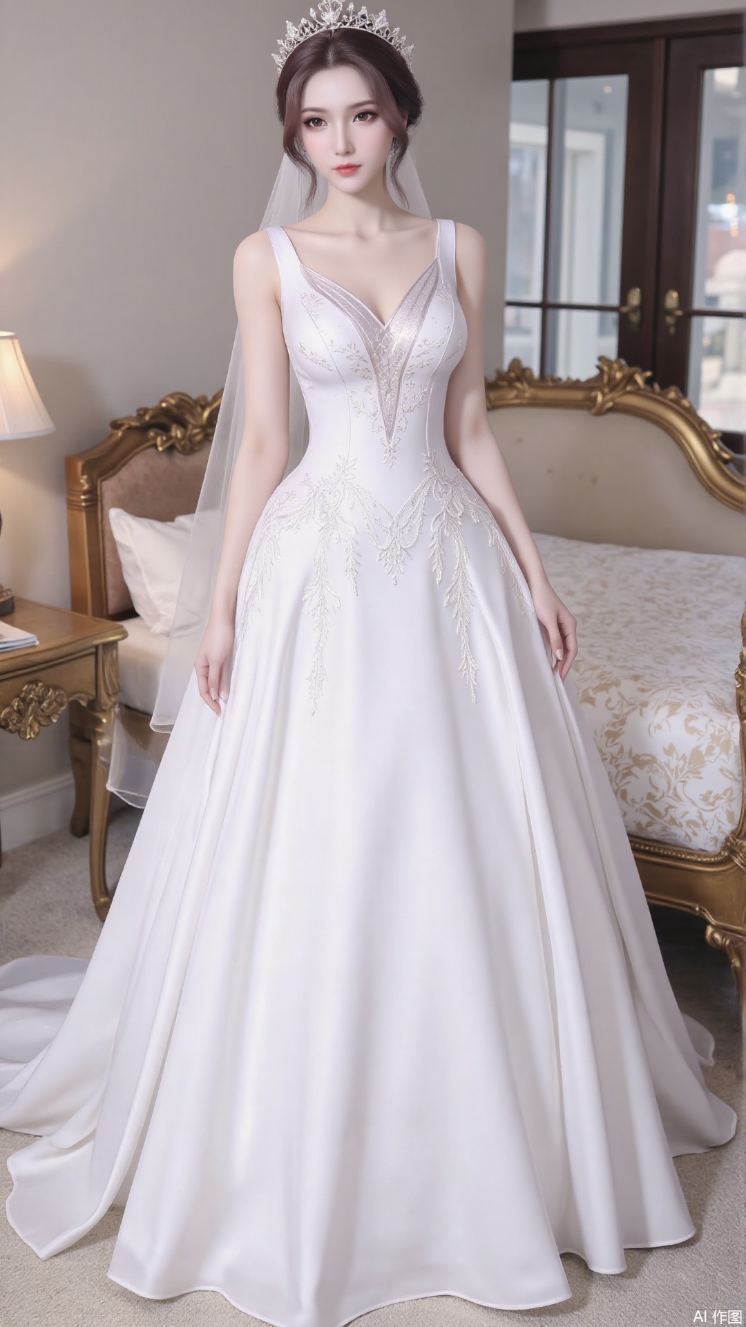 1girl, white wedding dress,looking at viewer, mischevious smile, perfect body, scenery, sharp focus, best quality, masterpiece, detailed outfit, illustration, perfect eyes, finely detailed beautiful anime eyes, realistic skin, intricate details, best lighting, depth of field, ultra high resolution, cowboy_shot, bride