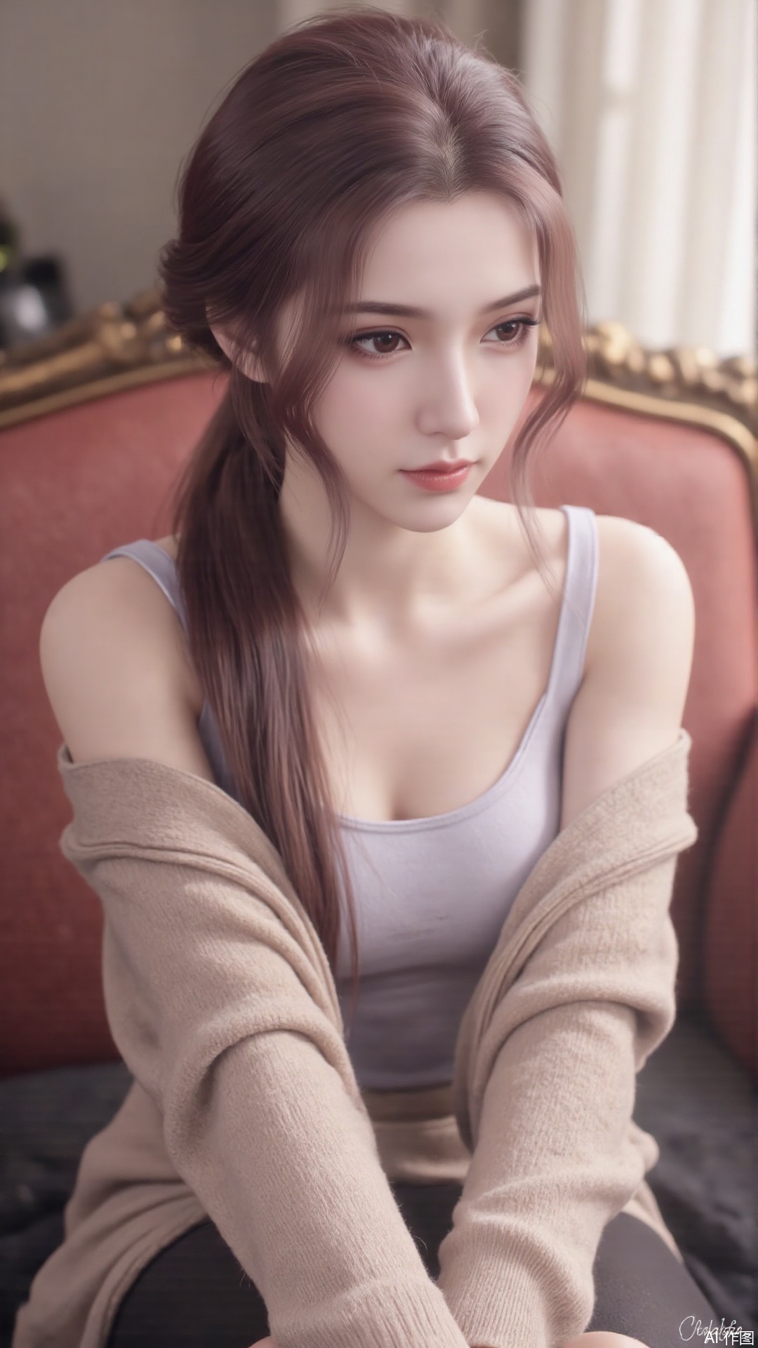 1girl, solo, long hair, looking at viewer, smile, sitting, collarbone, off shoulder, sweater, messy hair, realistic