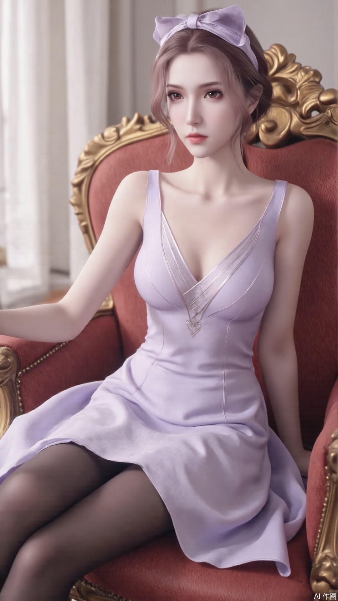 1girl, solo, red eyes, sleeveless dress, looking at viewer, mischevious smile, perfect body, scenery, sharp focus, best quality, masterpiece, detailed outfit, illustration, perfect eyes, finely detailed beautiful anime eyes, realistic skin, intricate details, best lighting, depth of field, ultra high resolution, sitting